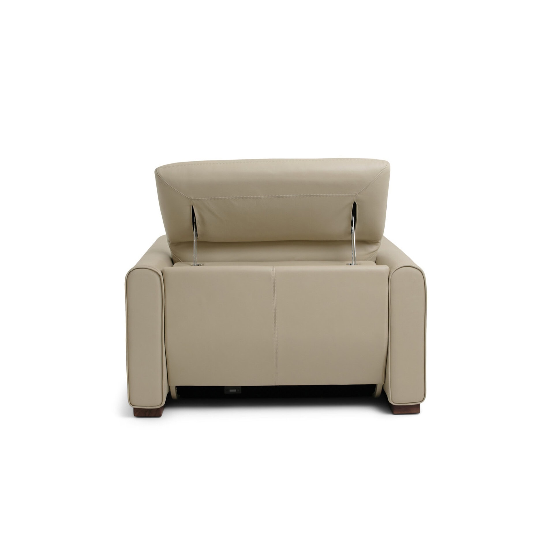 High-quality beige leather sofa with an opening for a built-in recliner or storage. Perfect for modern living rooms.