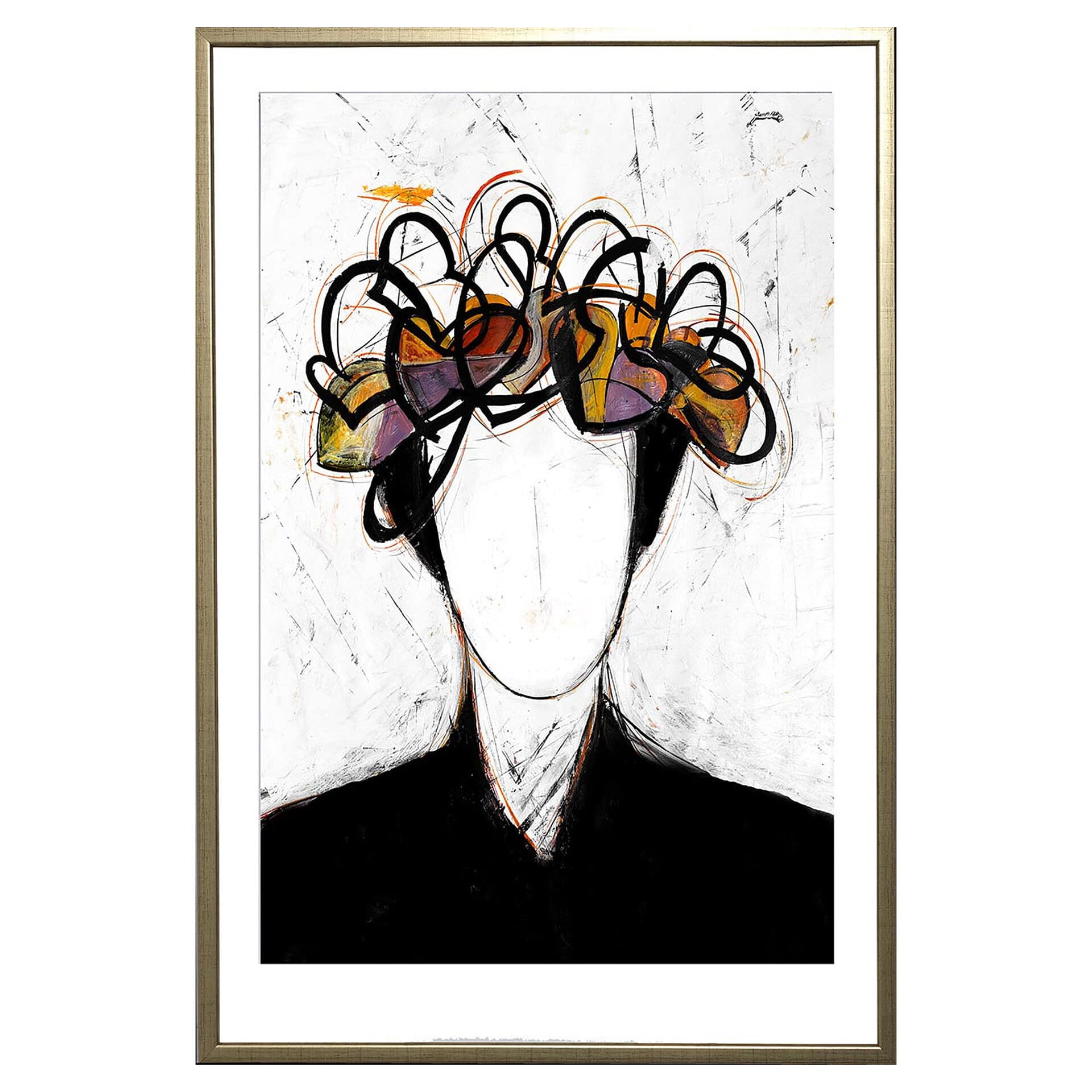 Abstract portrait painting of a faceless figure with a white head and black body, crowned by a vibrant, chaotic mass of black, orange, yellow, and purple lines and shapes, set against a textured white background in a gold frame.