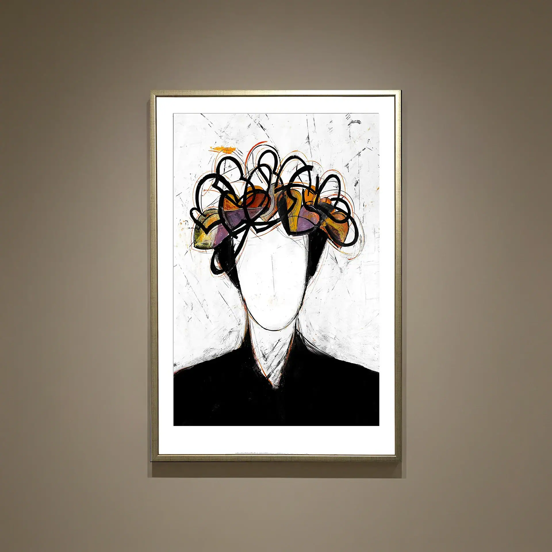 Abstract portrait with colorful hair on a faceless figure, modern wall art for home decor.