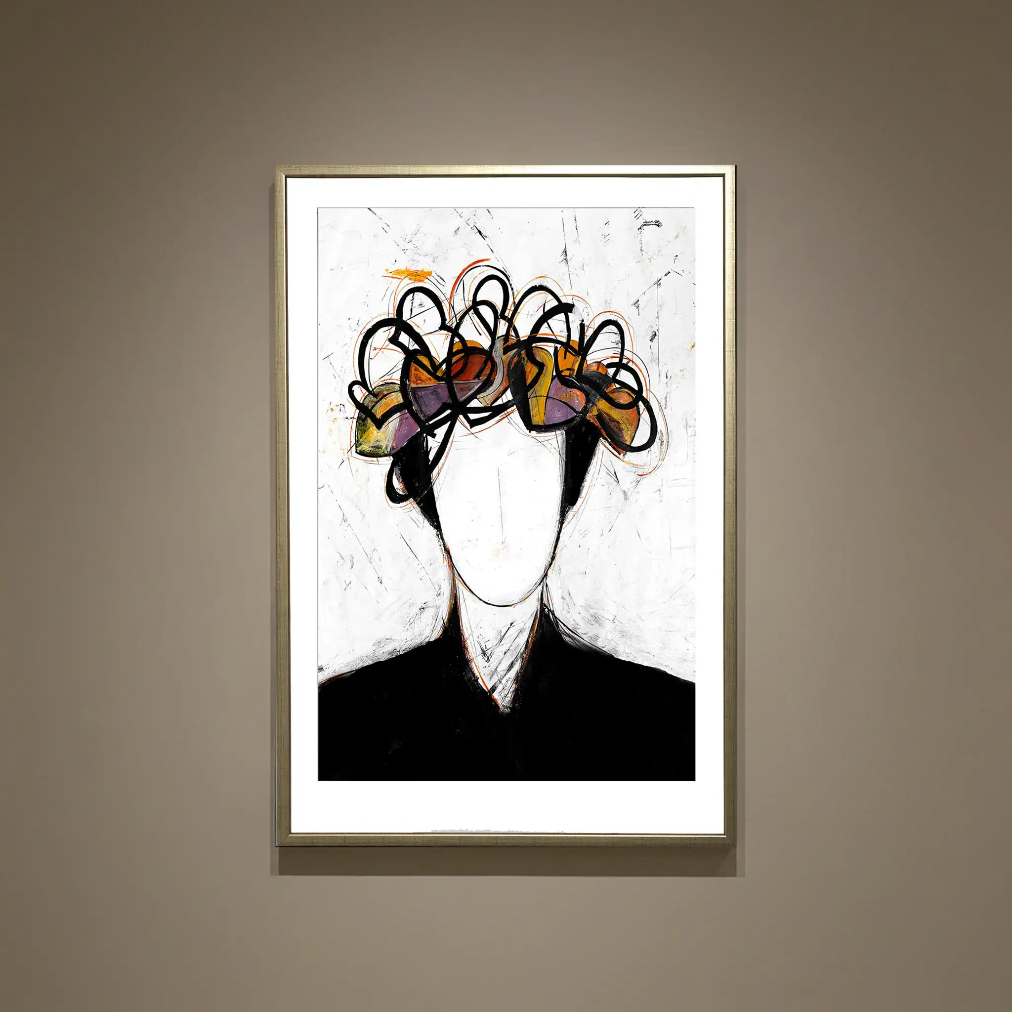 Abstract portrait with colorful hair on a faceless figure, modern wall art for home decor.