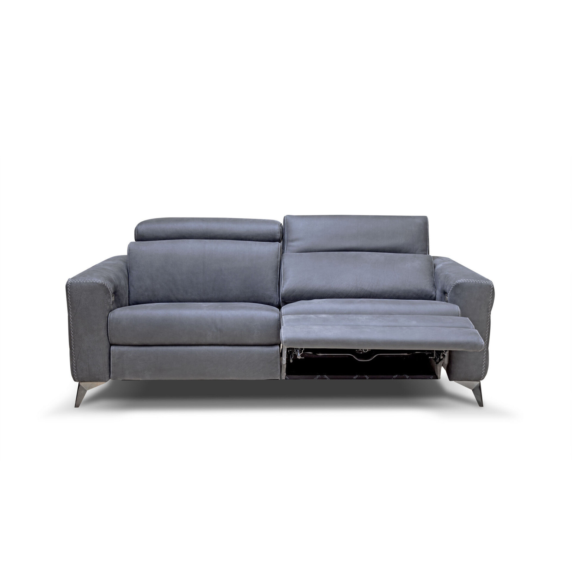 A dark gray two-seater reclining sofa with one seat reclined and footrest extended, on a white background.