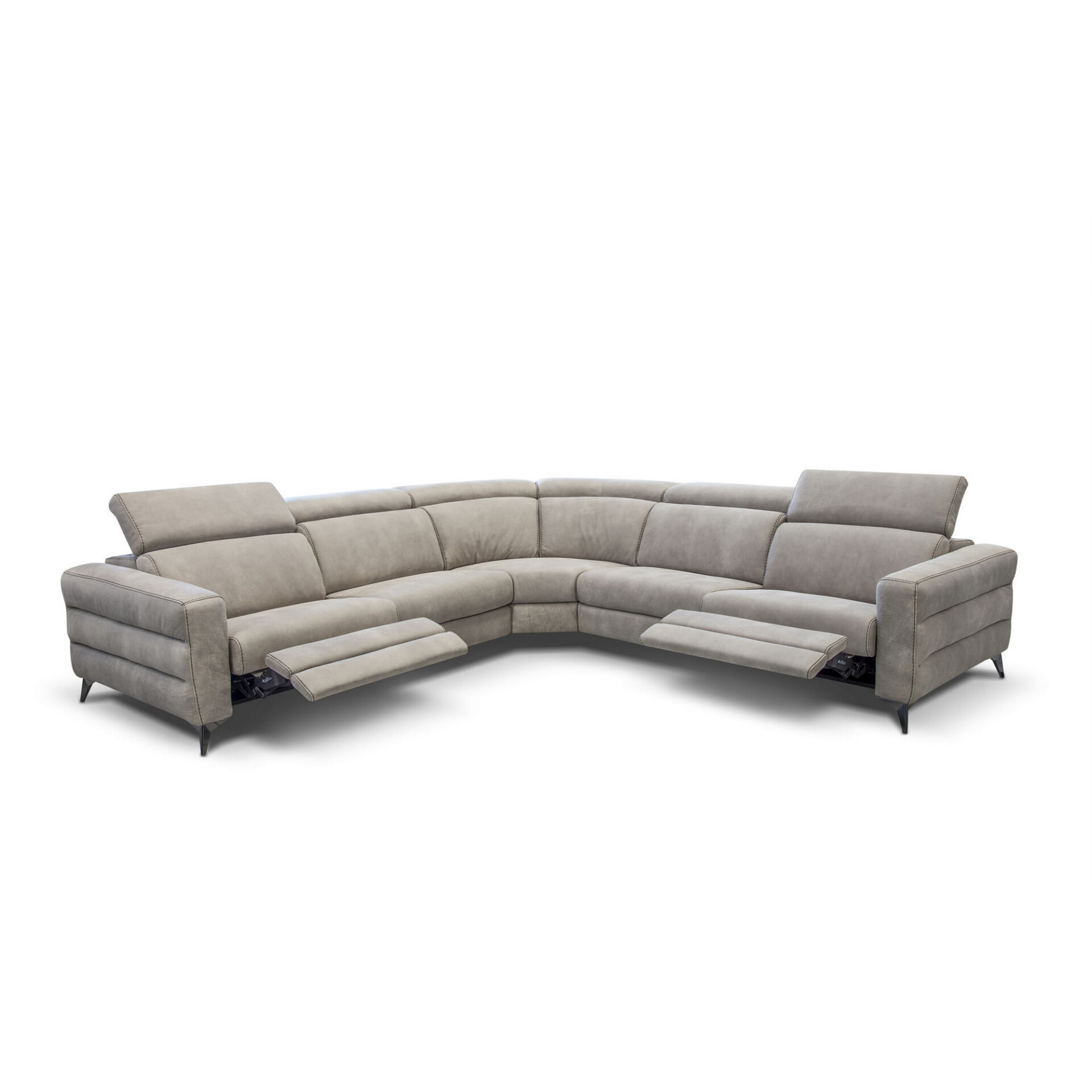 Light gray L-shaped sectional sofa with adjustable headrests and extended reclining footrests, on a white background.