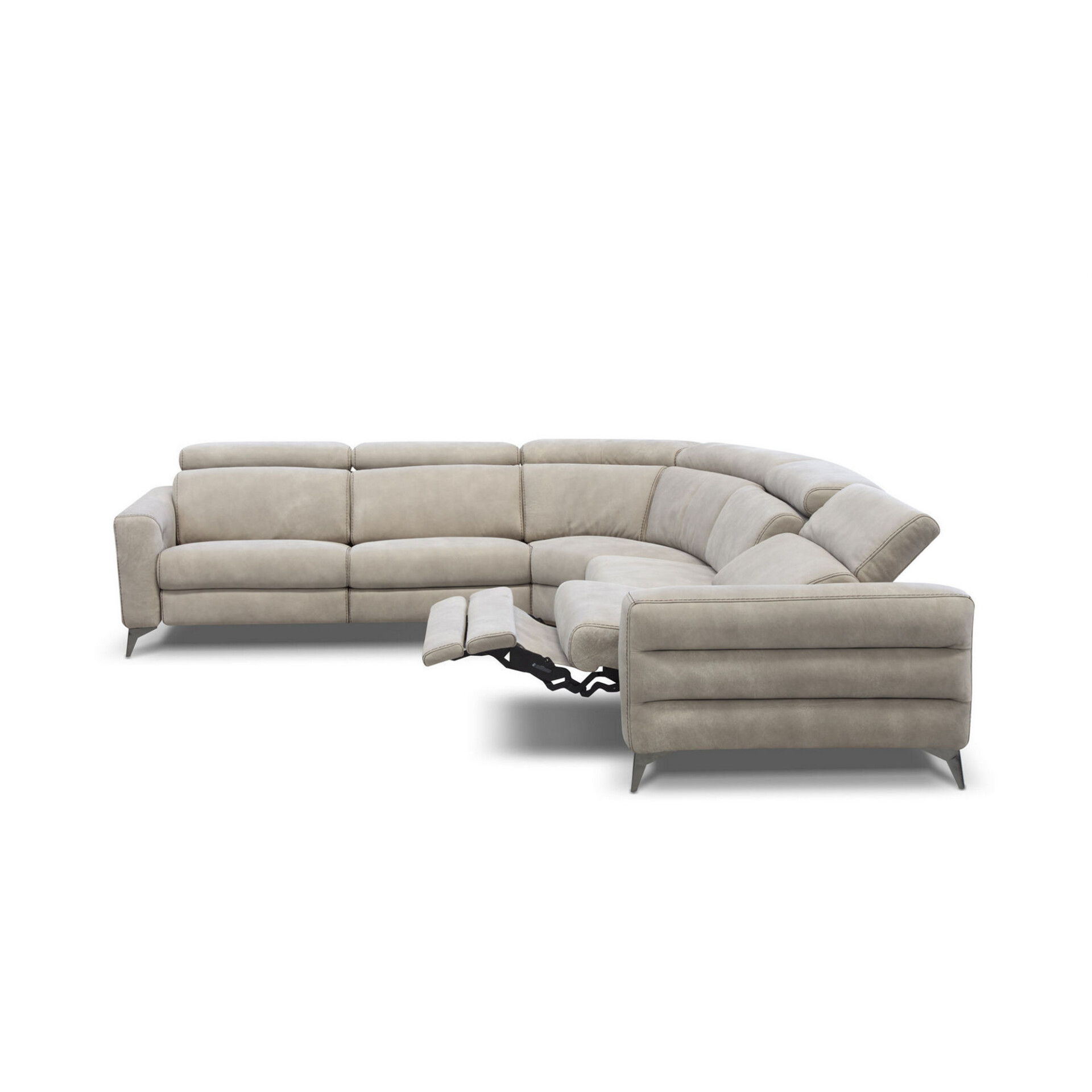 L-shaped greige sectional sofa with a recliner and adjustable headrests, on a white background.