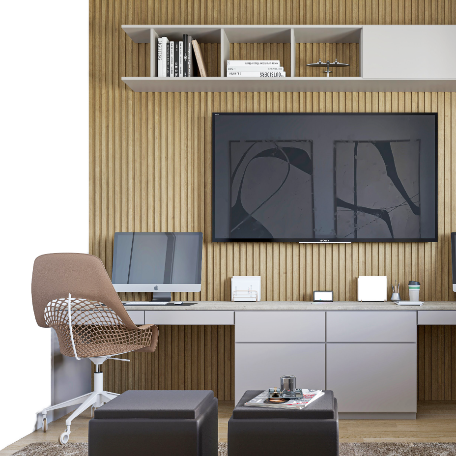 A modern home office with a slatted wooden accent wall, a long light gray desk with two computer monitors, a large TV displaying abstract art, and a beige ergonomic chair. Two dark gray ottomans sit on a rug in the foreground.