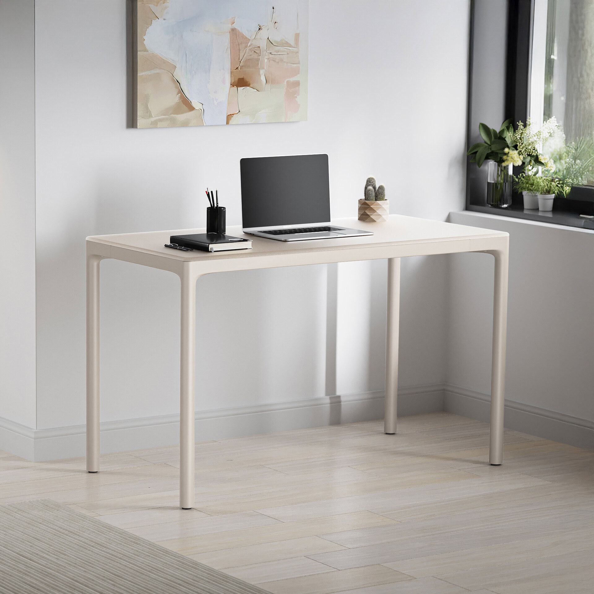 Elegant white workspace desk with minimalist style, perfect for modern offices and home offices.