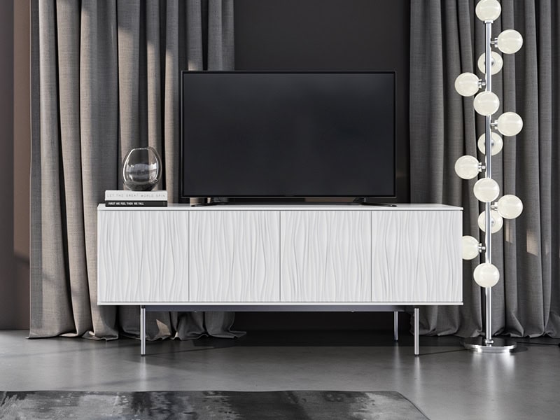 Elegant white TV stand with textured wood design, perfect for contemporary living rooms.