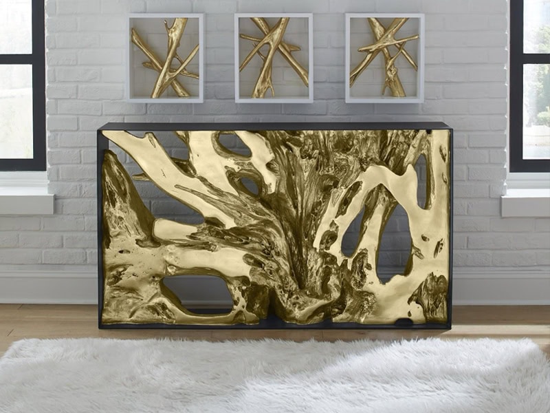 Luxurious gold accent console with organic branch-inspired design by Sklar Furnishings.