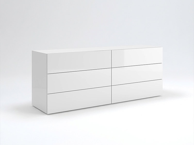 Clean white modern dresser with six drawers, minimalist design, ideal for contemporary interiors.