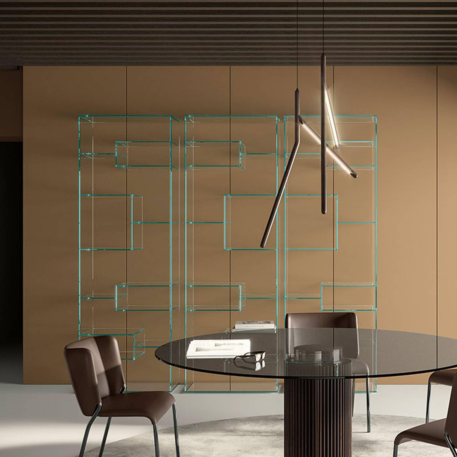 Sleek, modern furniture and lighting create a professional, stylish workspace.