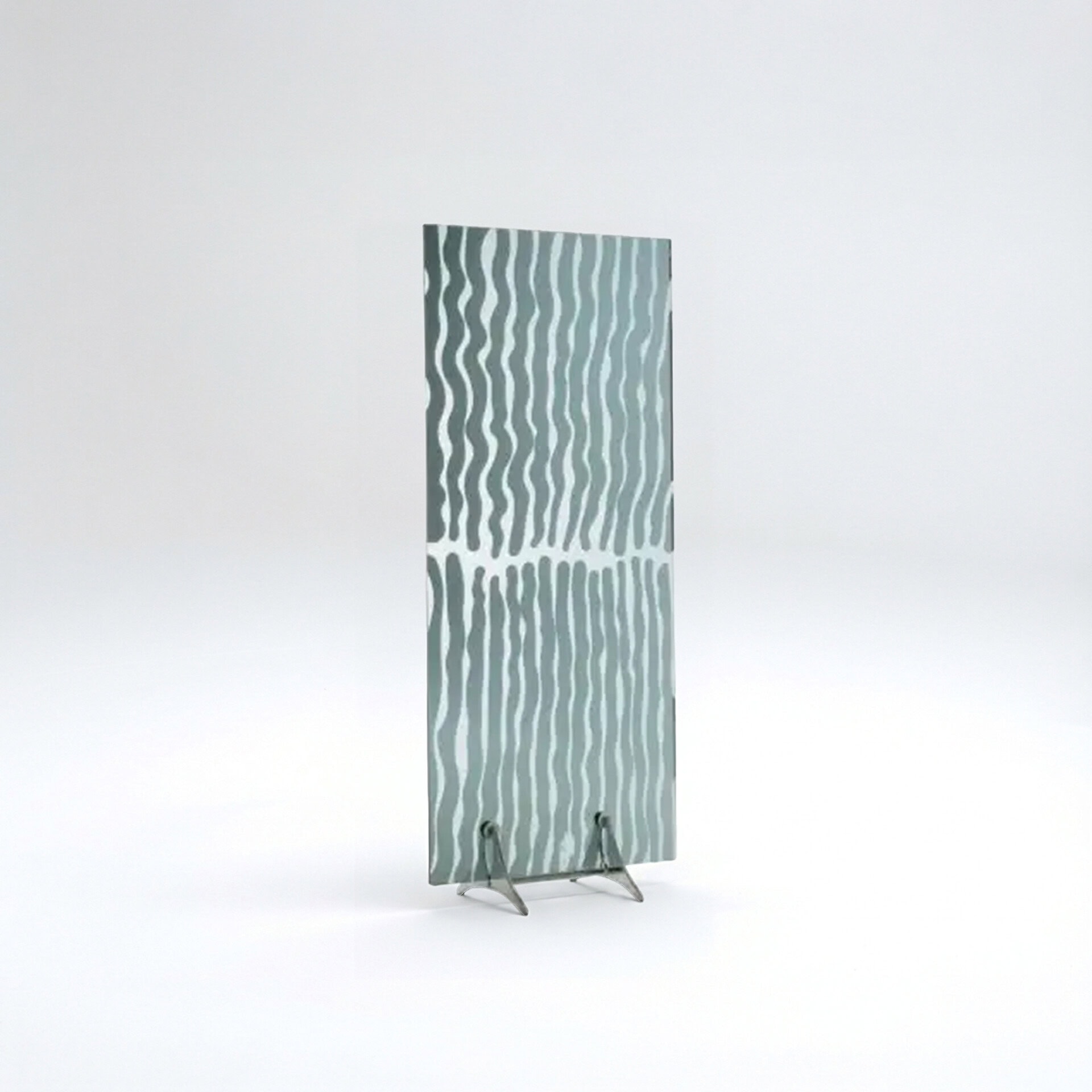 Acrylic room divider with wavy aqua and white pattern, artistic and functional office decor element.