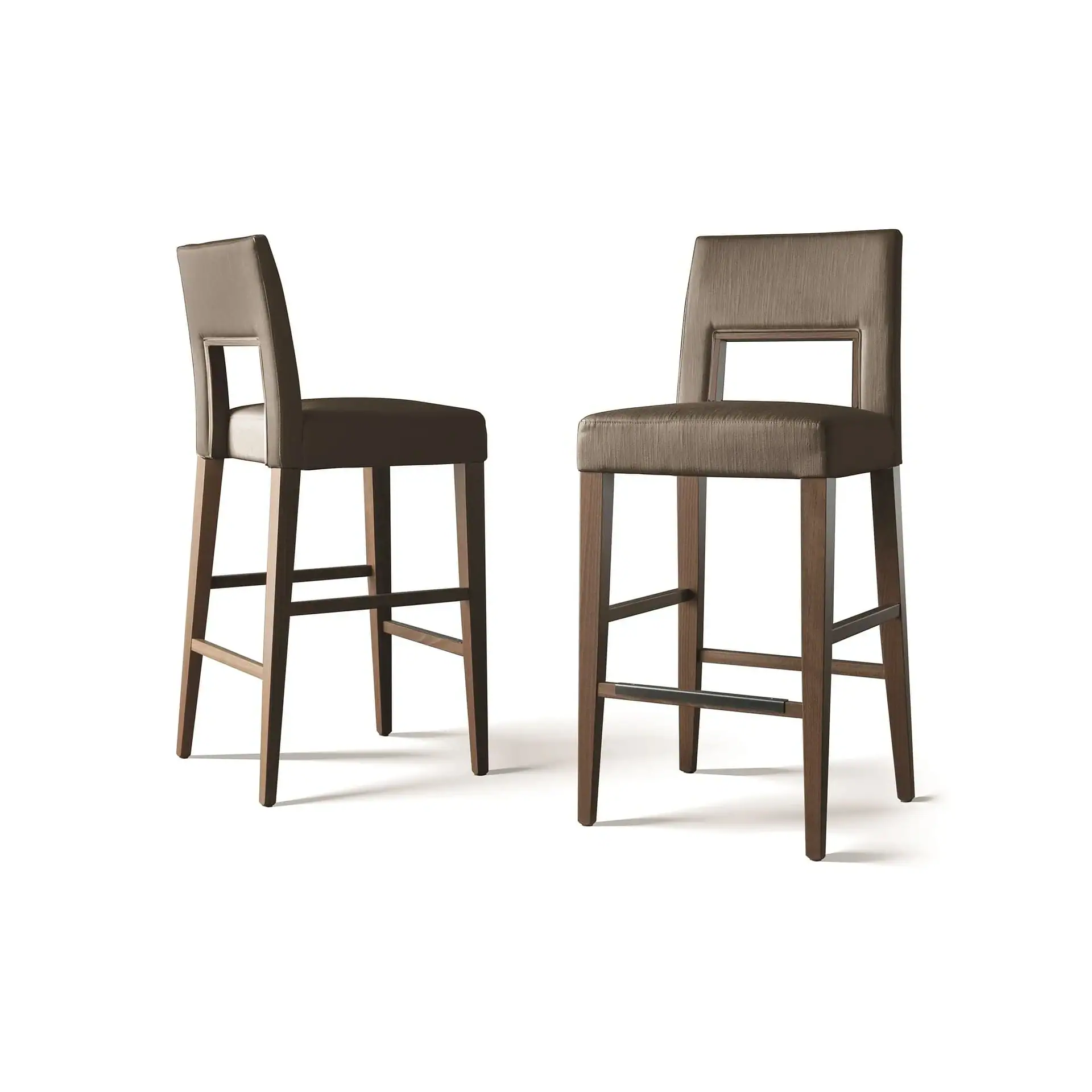 Two dark brown bar stools with wooden legs and rectangular backrests with cutouts, displayed on a white background.