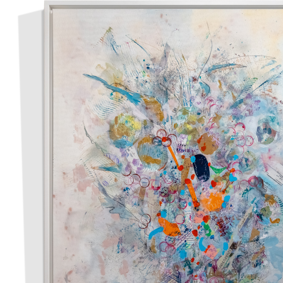 An abstract mixed-media painting with a central burst of blue, orange, yellow, and green colors, featuring collage elements, scribbled lines, and outlined circles on a light background, framed in white.