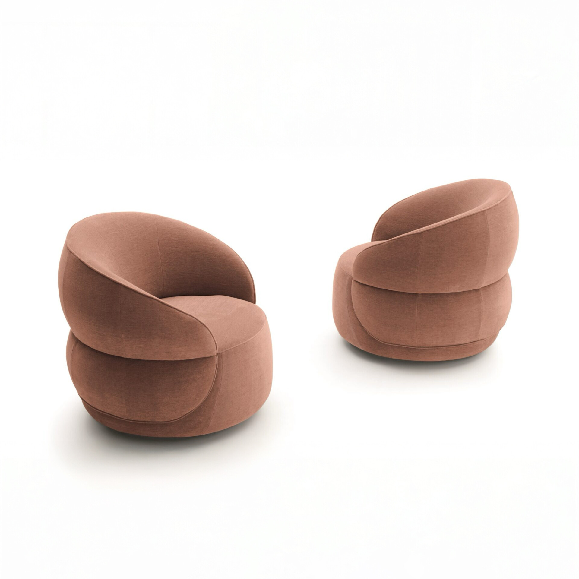Two modern, curved armchairs upholstered in a dusty rose fabric, set against a white background.