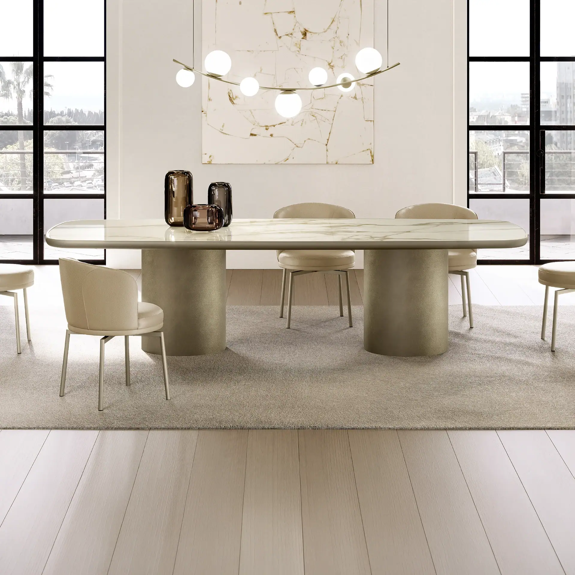 Sklar Furnishings Cilindro dining table in a modern dining room.