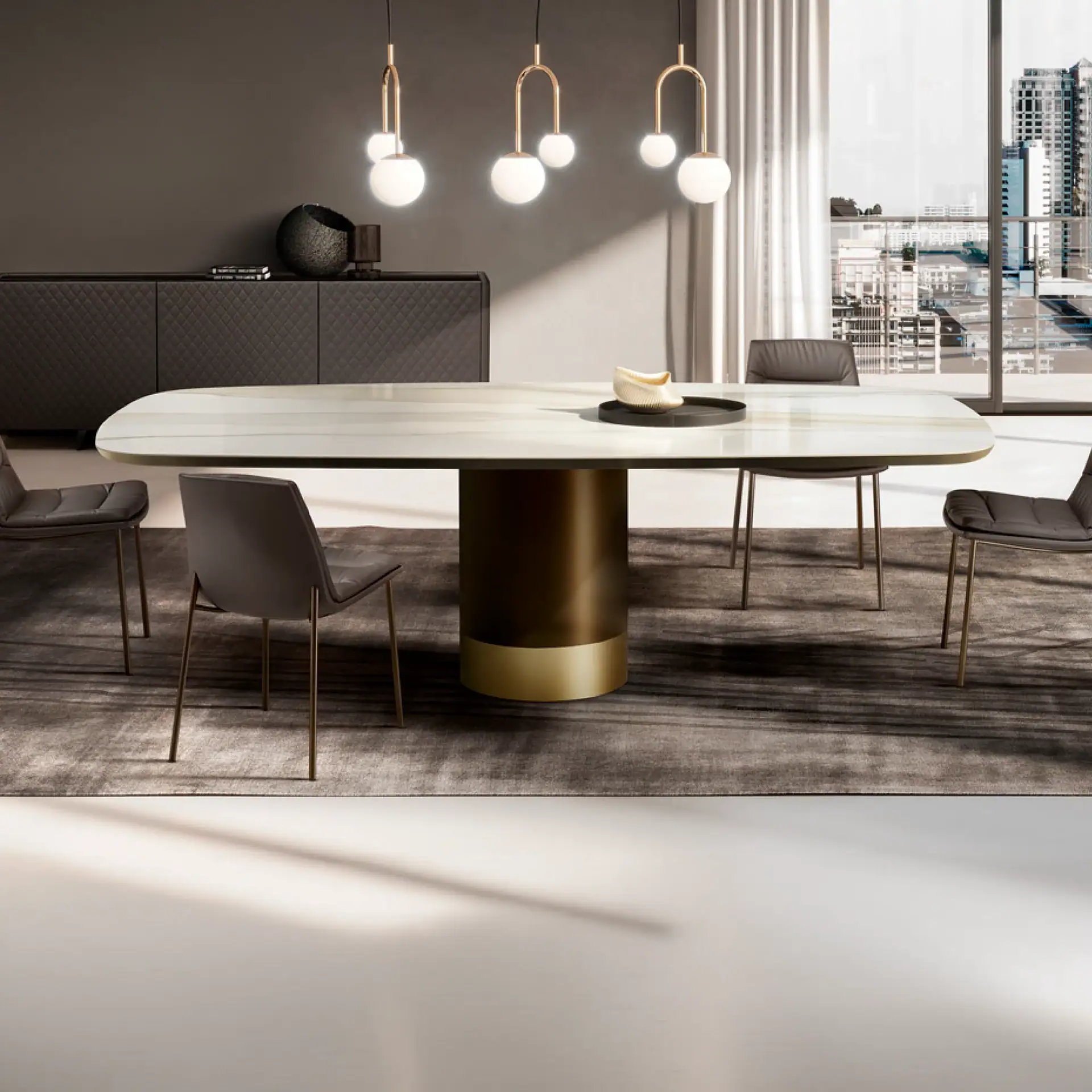 Sklar Furnishings Cilindro dining table in a modern city apartment.