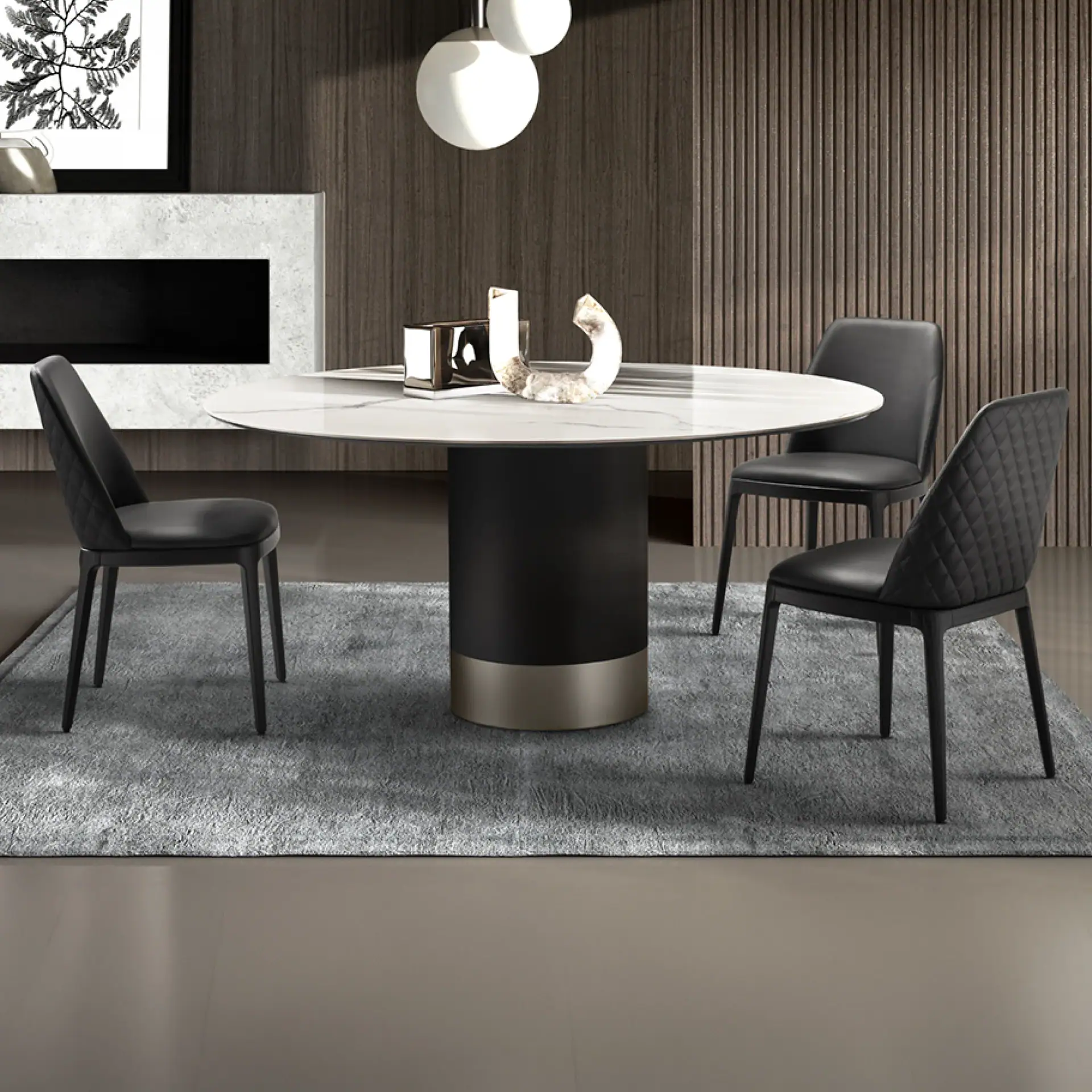Sklar Furnishings Cilindro dining table with black chairs in modern room.