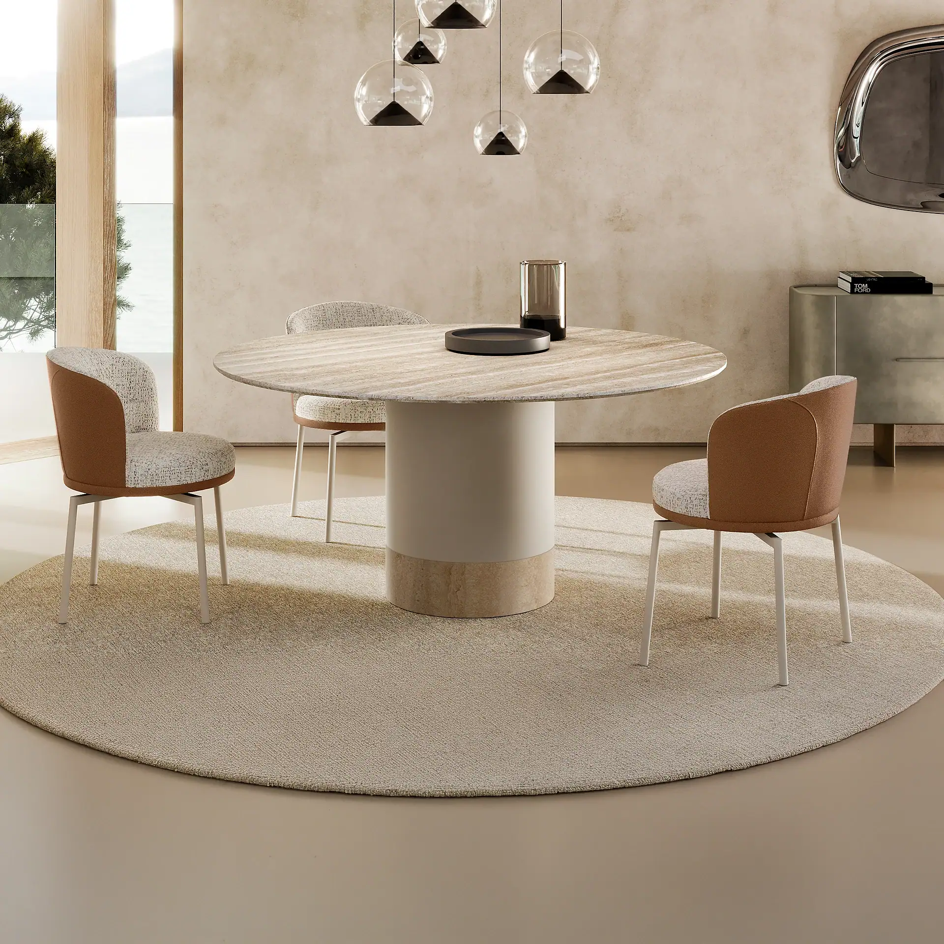 Cilindro modern dining table with four chairs in a contemporary room.