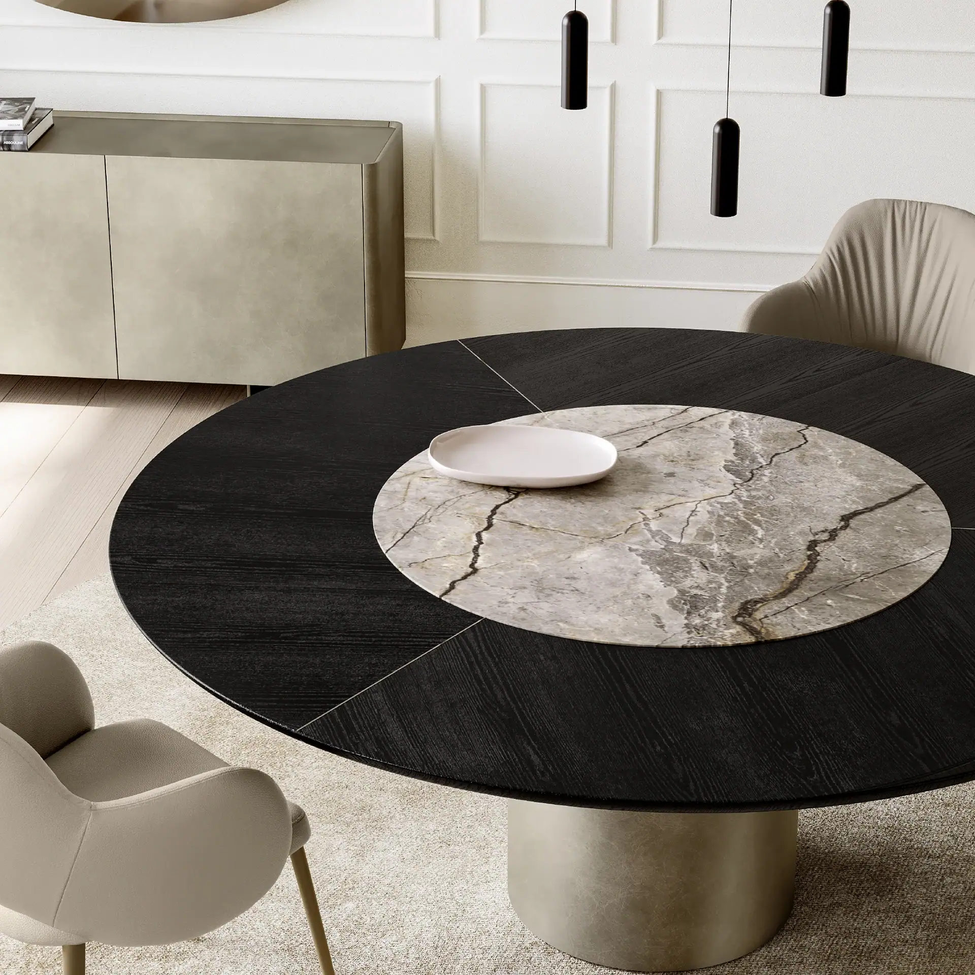Sklar Furnishings Cilindro dining table with marble inset in a modern dining room.