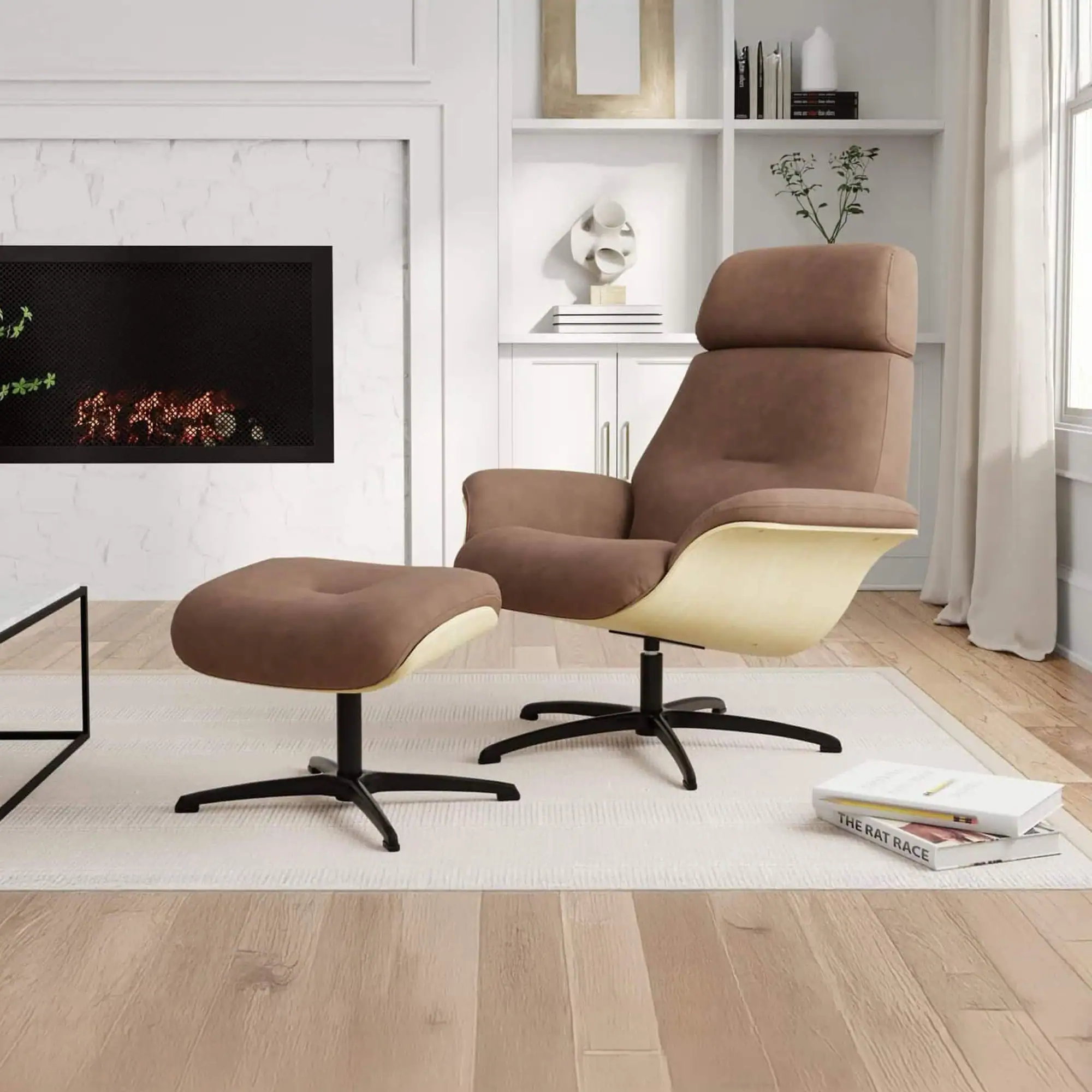 Sklar Furnishings Falcon recliner chair with ottoman in a modern living room.