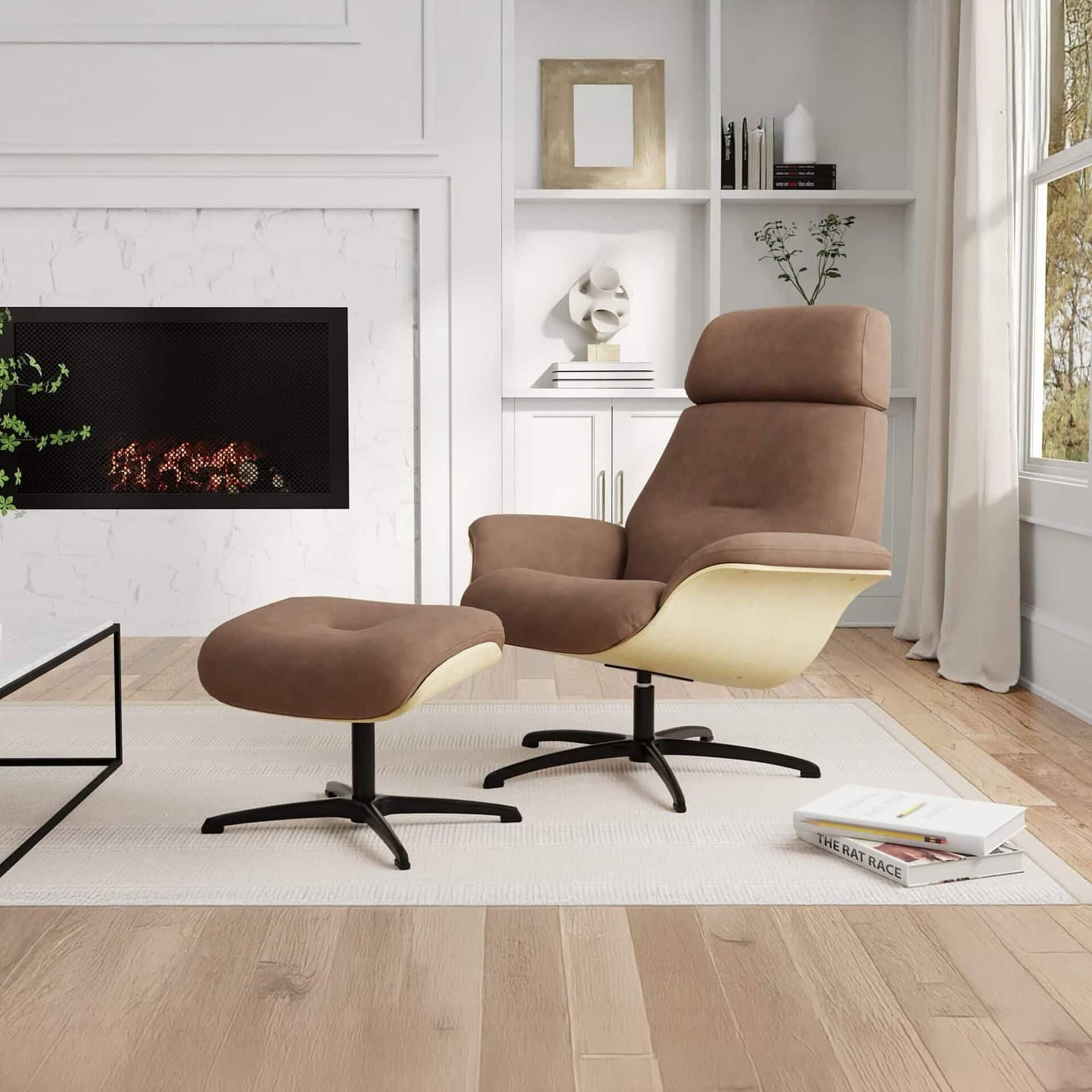 Elegant swivel recliner with matching ottoman for comfort and style.