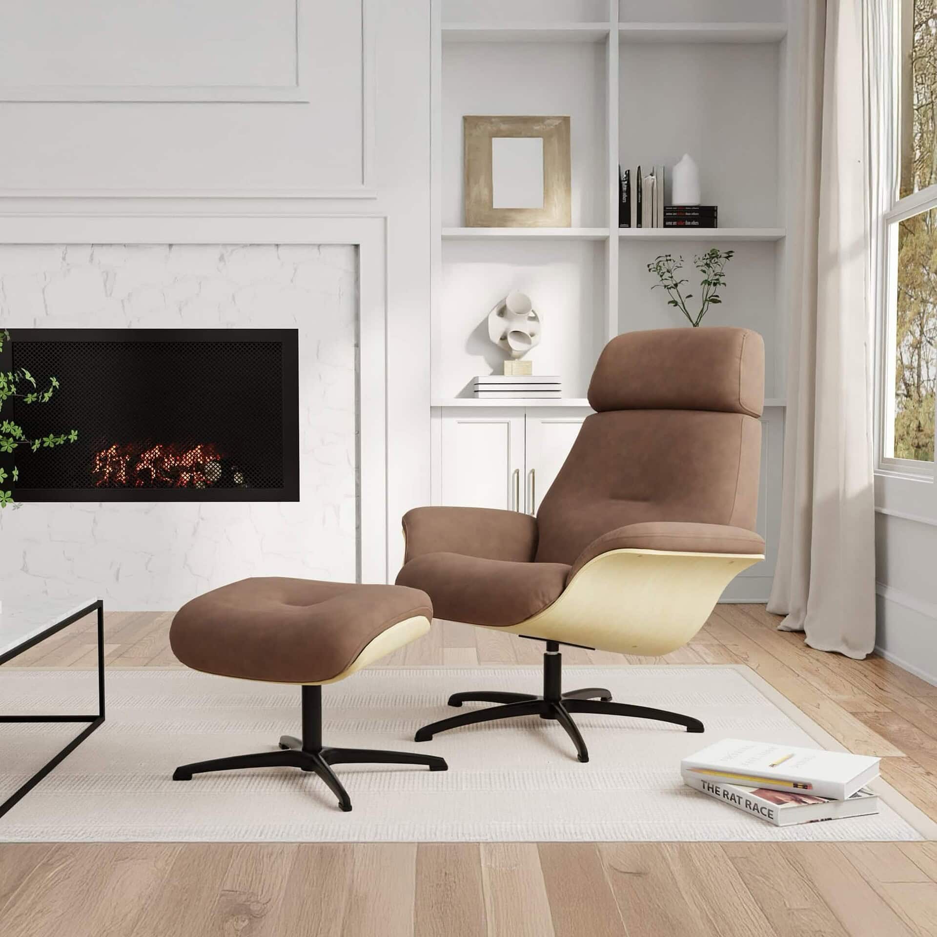 A brown leather recliner chair and matching ottoman with light wood bases sit on a light rug in a modern living room. A fireplace with glowing embers is on the left, and white built-in shelves and a window are on the right.