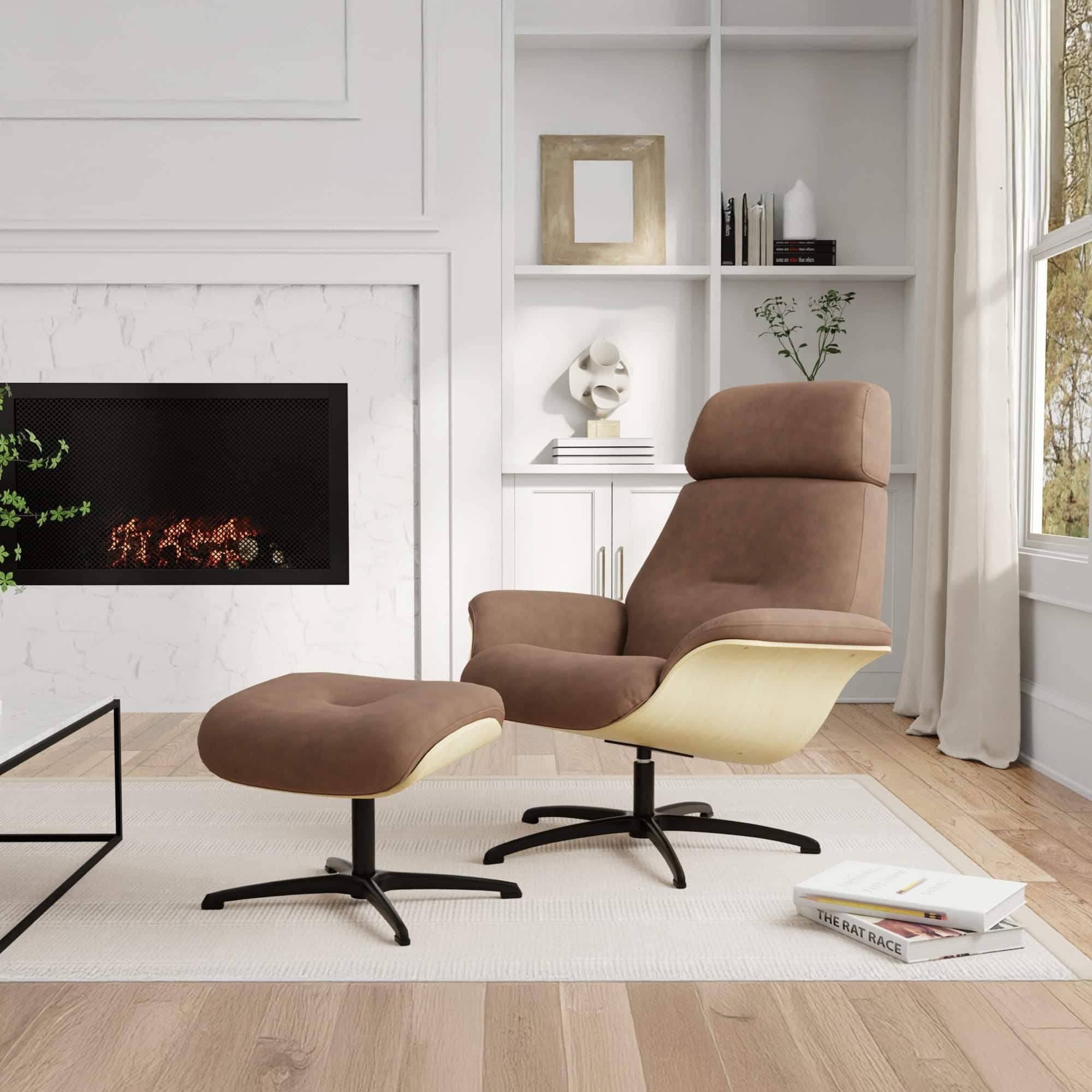 A brown leather recliner chair and matching ottoman with light wood bases sit on a light rug in a modern living room. A fireplace with glowing embers is on the left, and white built-in shelves and a window are on the right.