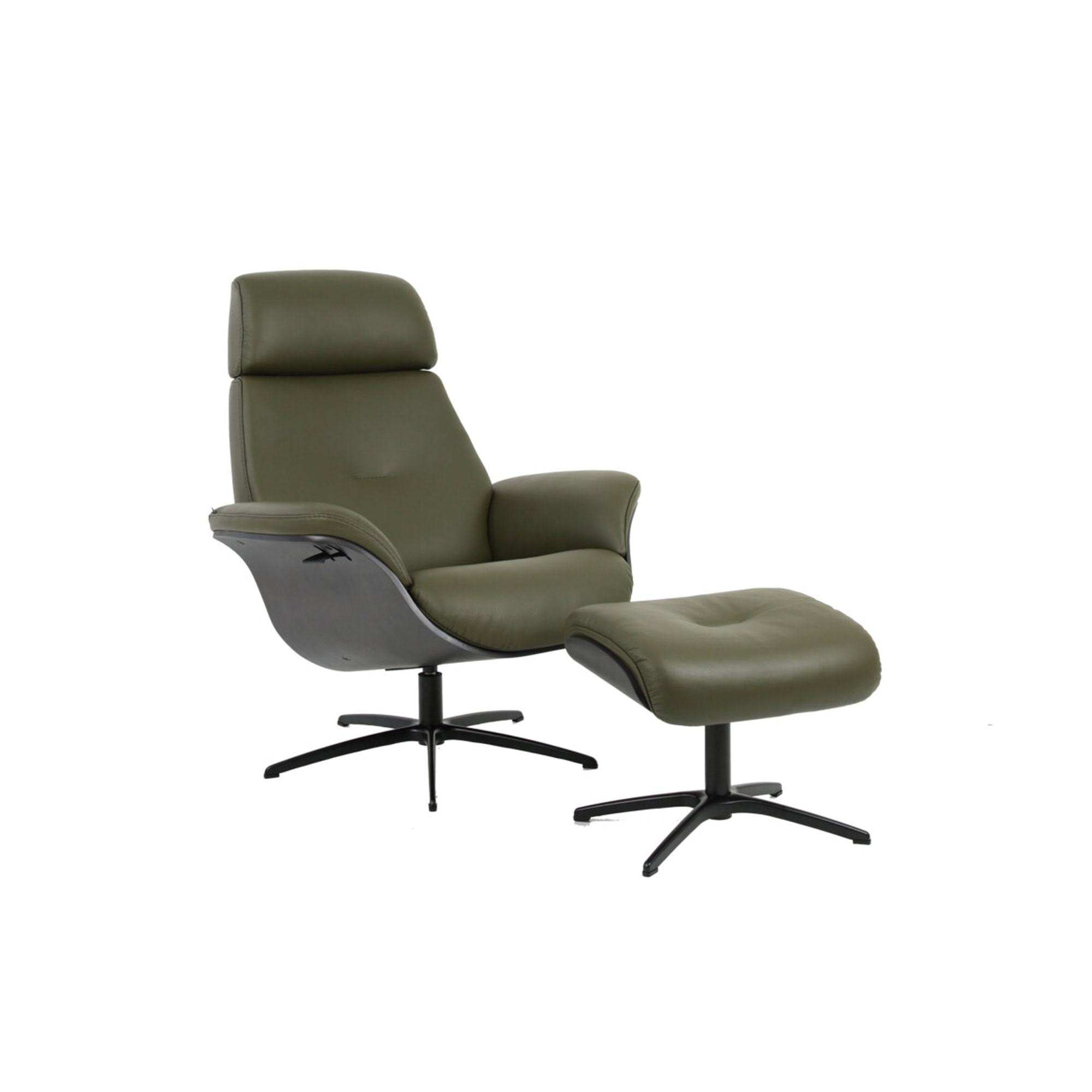 A modern olive green leather lounge chair with a high back and matching rectangular ottoman, both on black four-star swivel bases, against a white background.