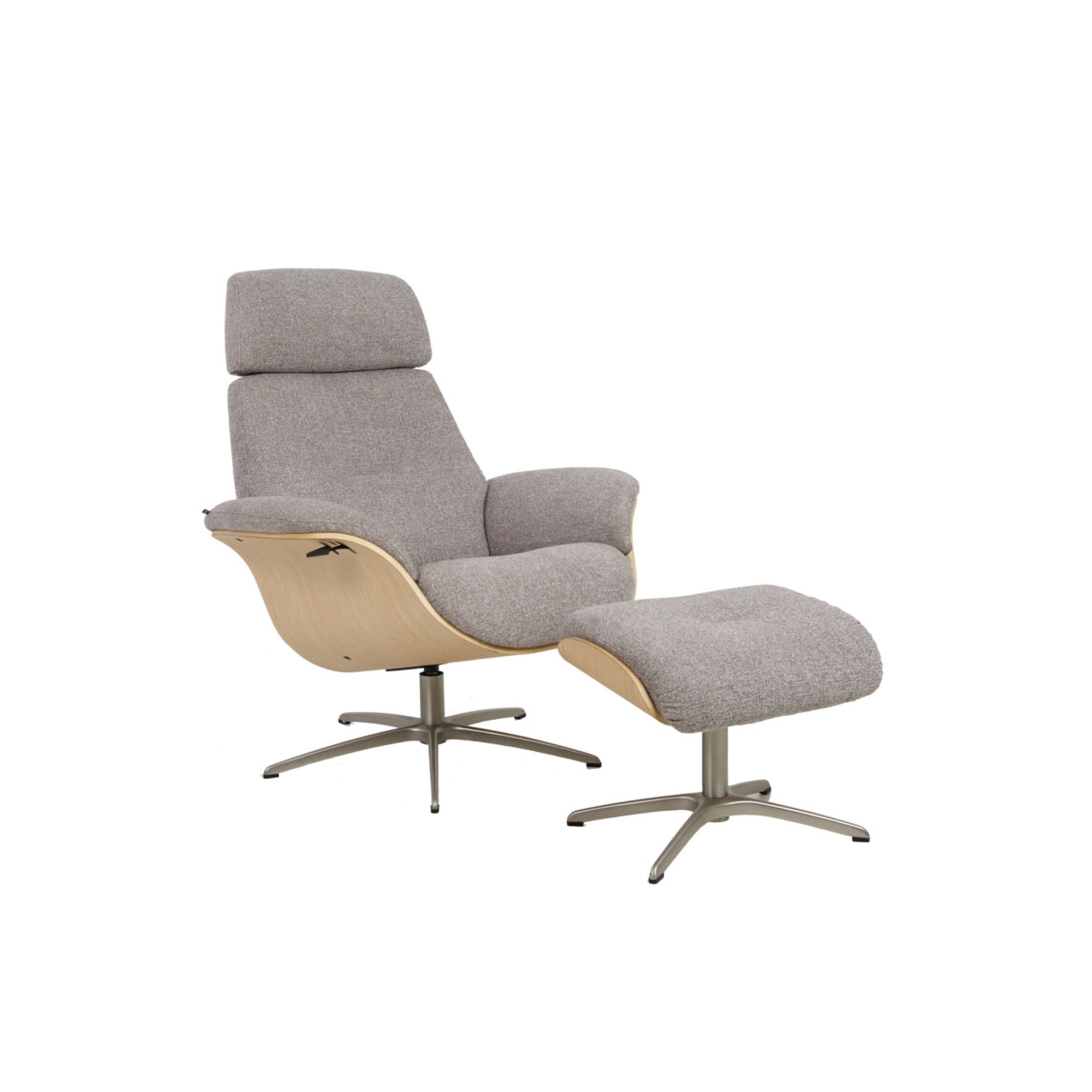 A modern light gray upholstered lounge chair with a light wood curved shell and a matching ottoman, both on brushed metal star-shaped swivel bases, against a white background.