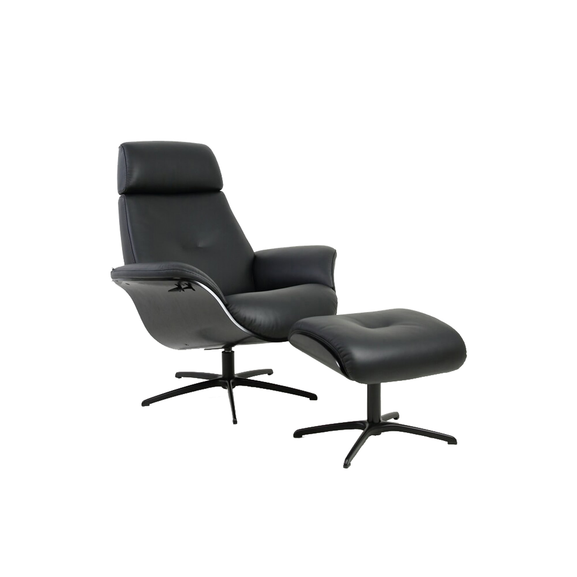A black leather lounge chair with a high back and a matching ottoman, both with black four-pronged swivel bases, on a white background.