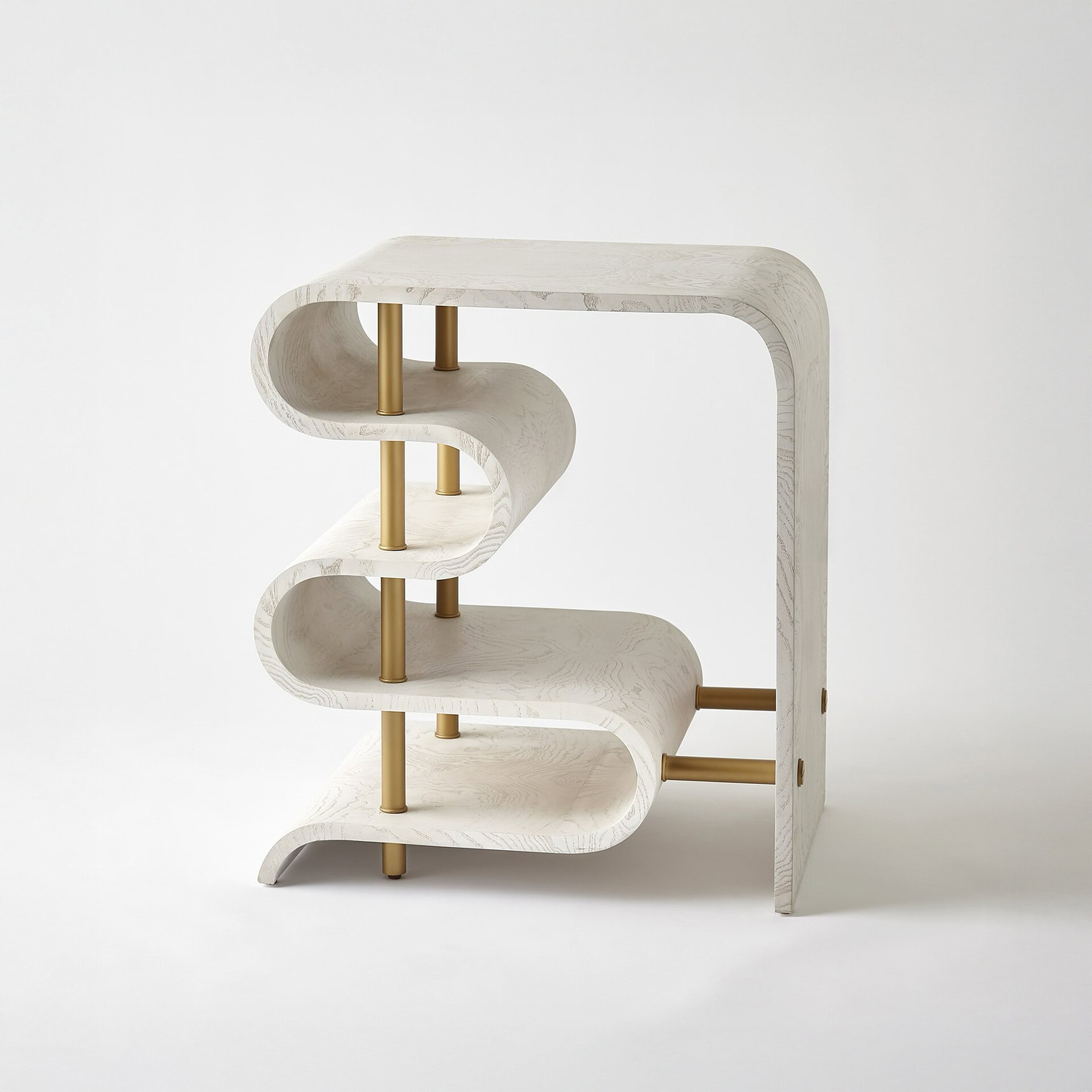 A modern, light wood and brass shelving unit with a wavy, S-curve design on a light gray background.