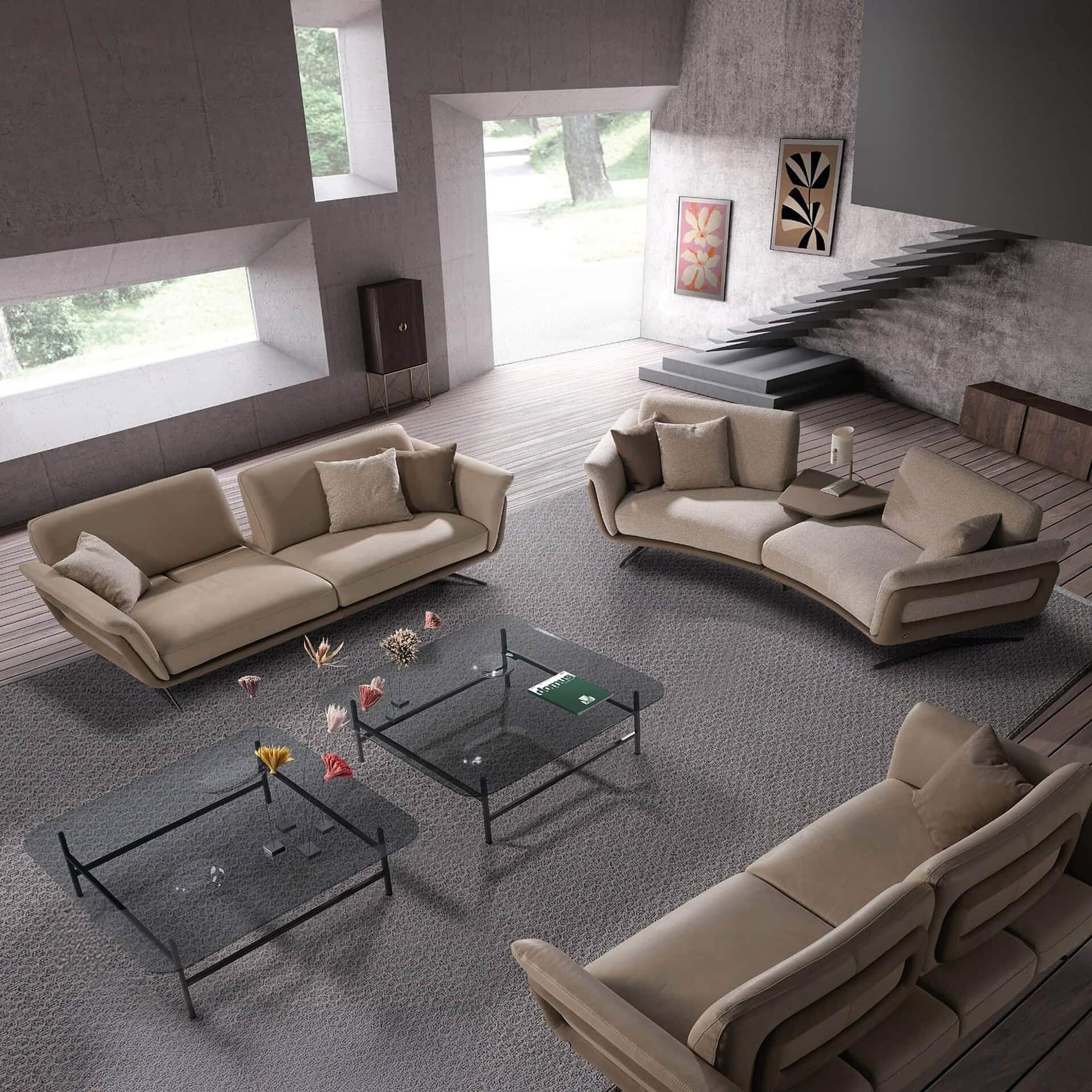 Stylish beige modern sectional sofas with plush pillows in contemporary living room.