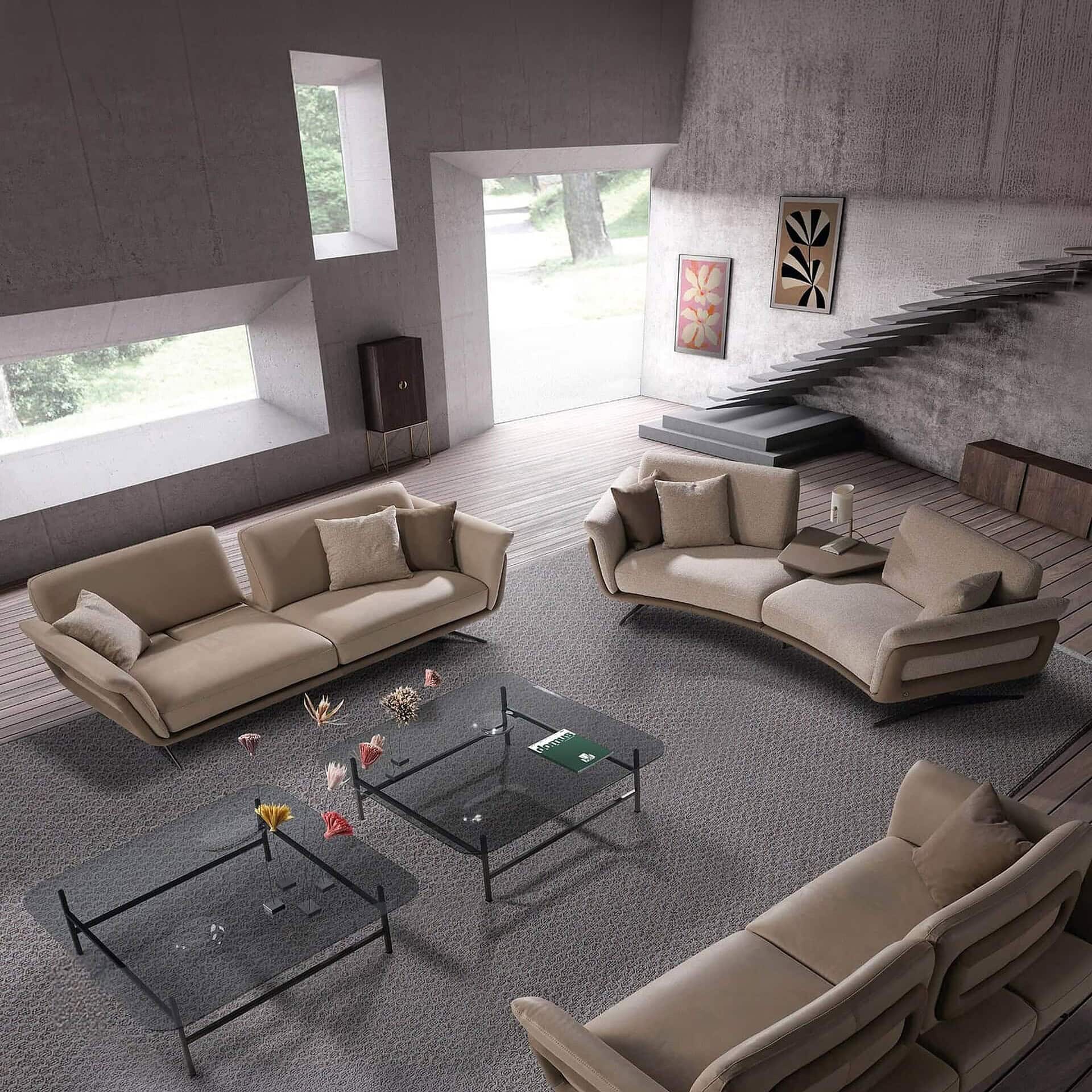 Stylish beige modern sectional sofas with plush pillows in contemporary living room.