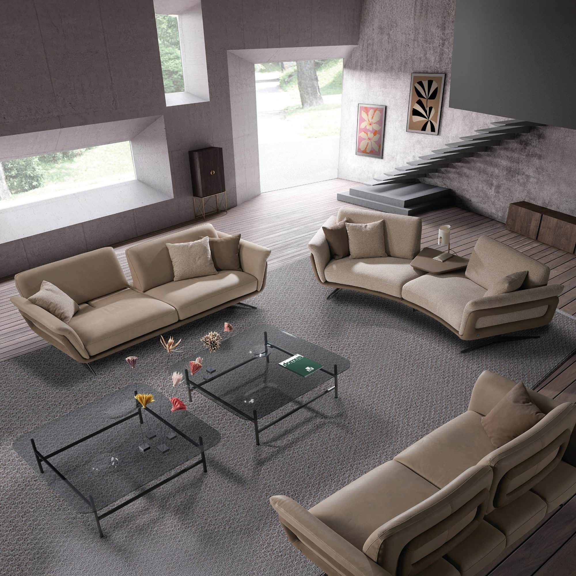 Stylish beige modern sectional sofas with plush pillows in contemporary living room.