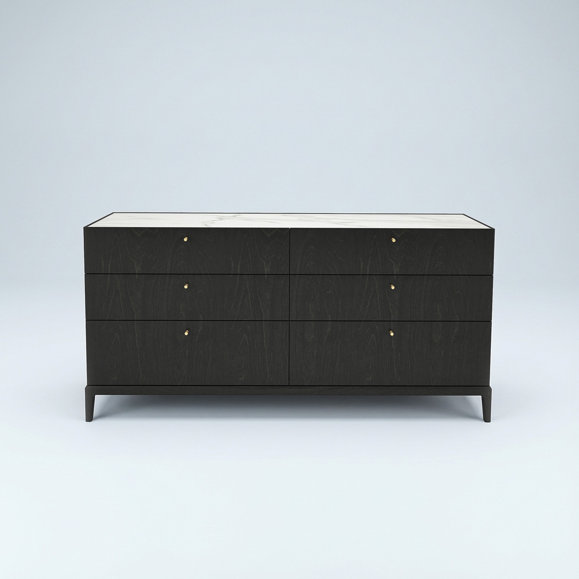 A modern, dark wood dresser with a white marble top and six drawers, each featuring a small brass knob, against a light blue-gray background.