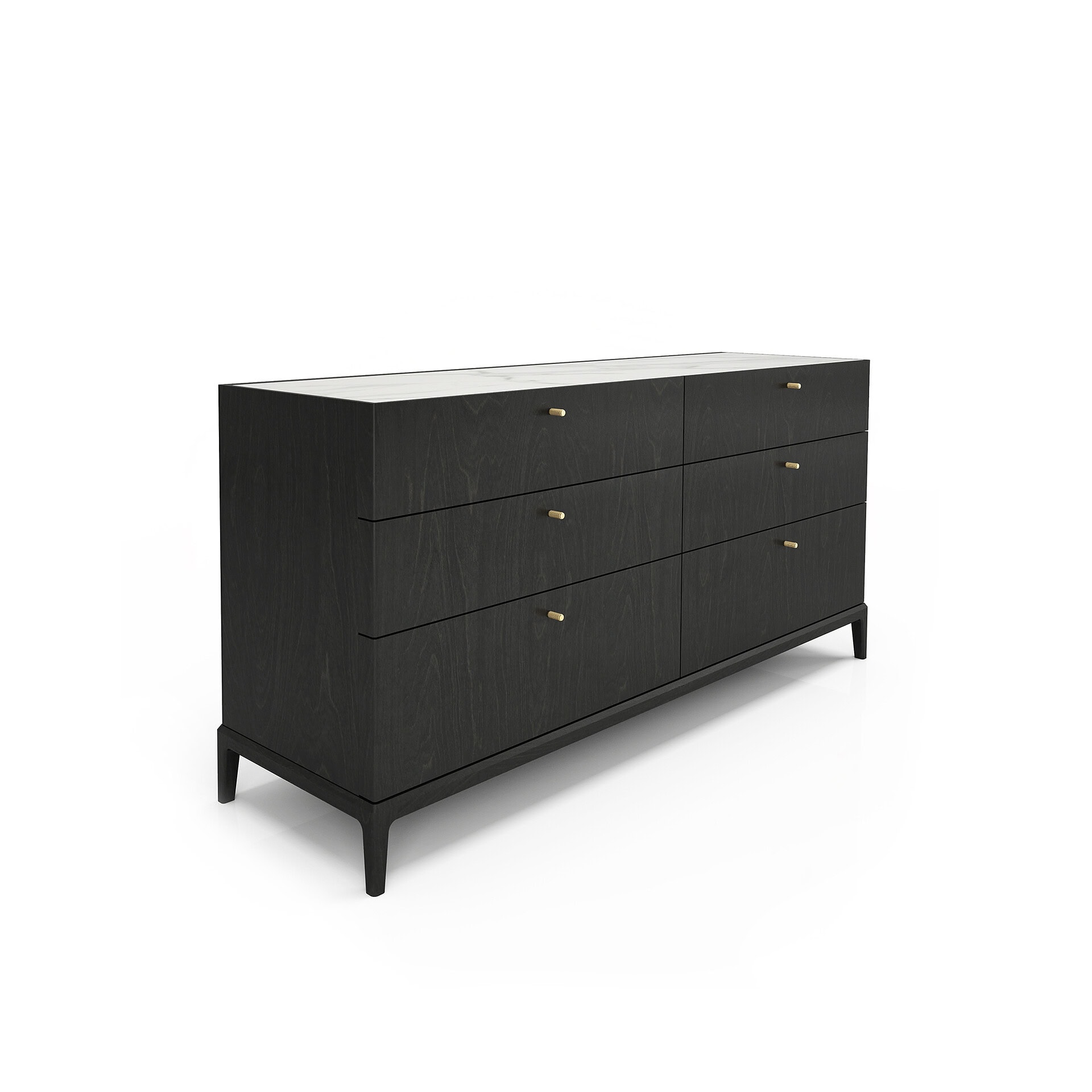 A dark wood dresser with a white marble top and gold knobs, shown against a white background.