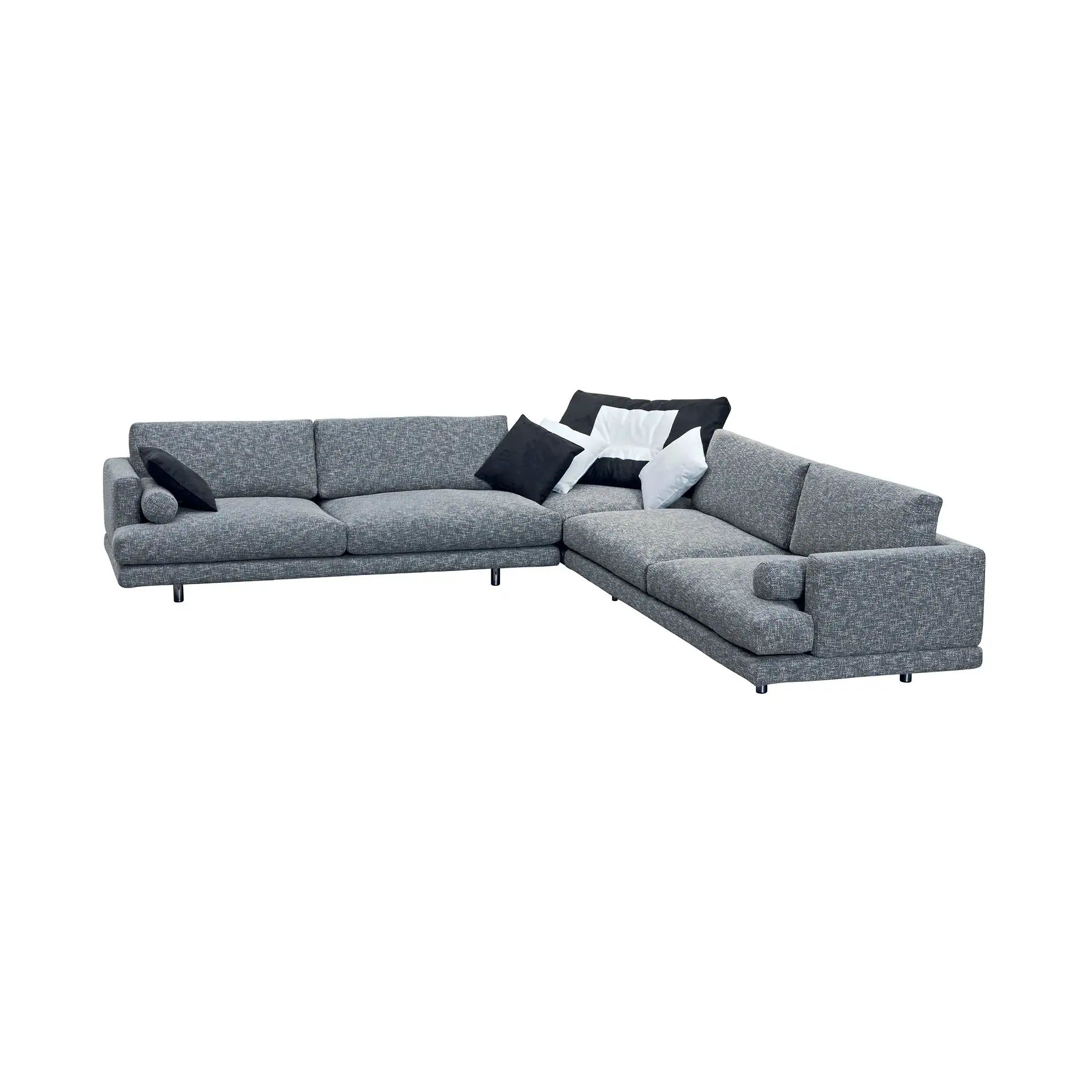 An L-shaped sectional sofa upholstered in textured gray fabric, featuring low-profile arms and several black and white throw pillows, set against a white background.