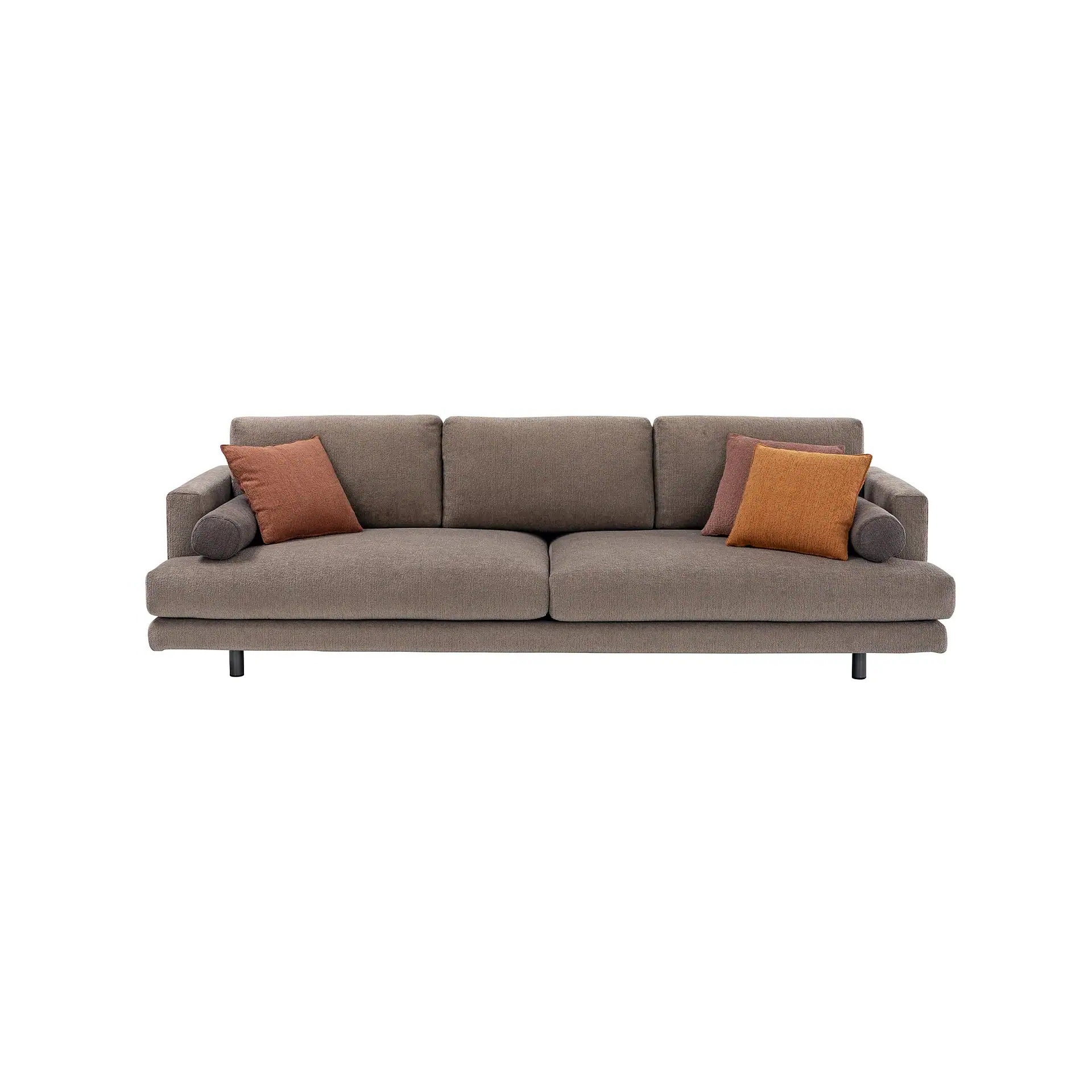A three-seater sofa with brownish-gray fabric upholstery and accent pillows in burnt orange and reddish-brown, on a white background.