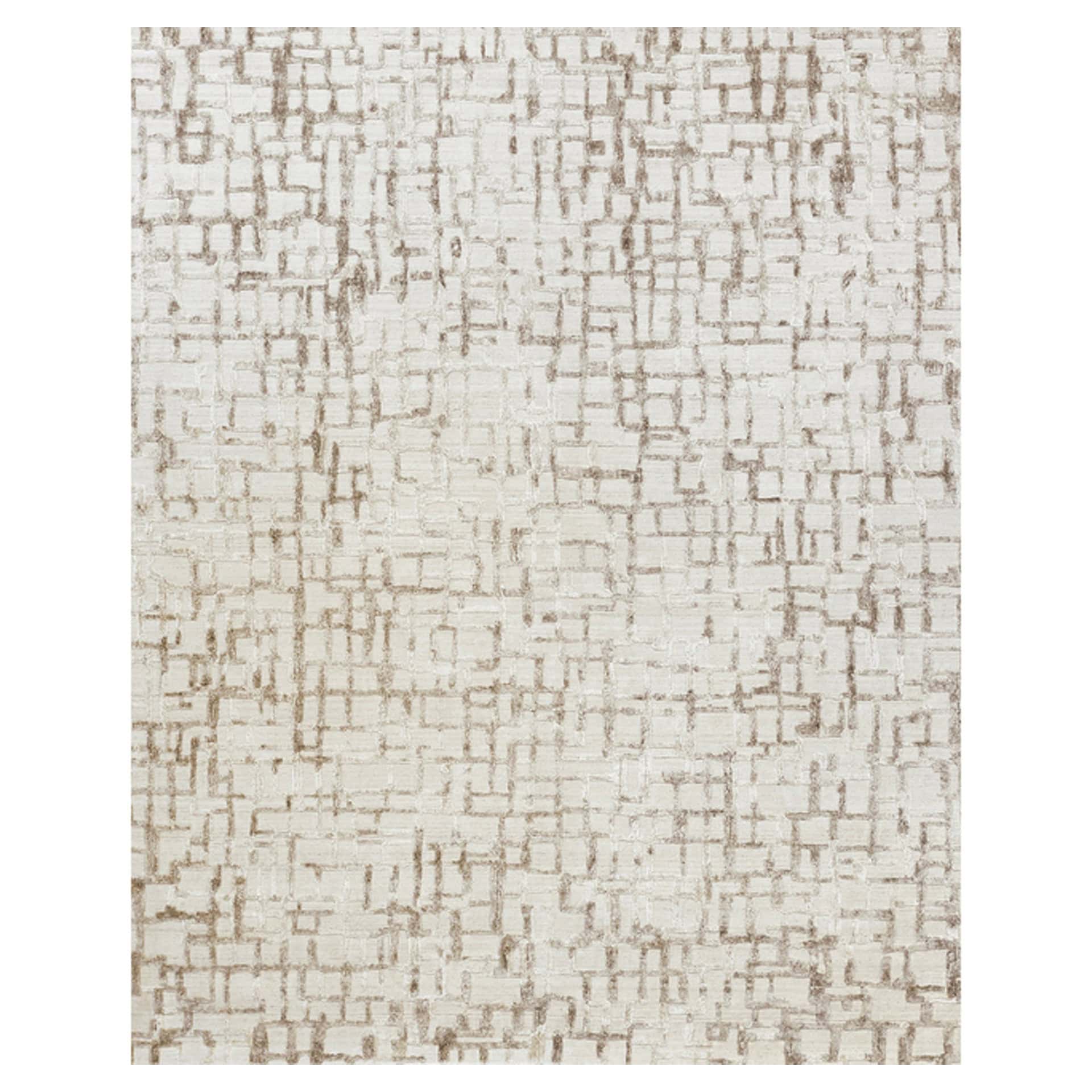 A rectangular rug with an abstract, irregular grid pattern in brown on a cream background. The pattern has a textured, slightly raised appearance.