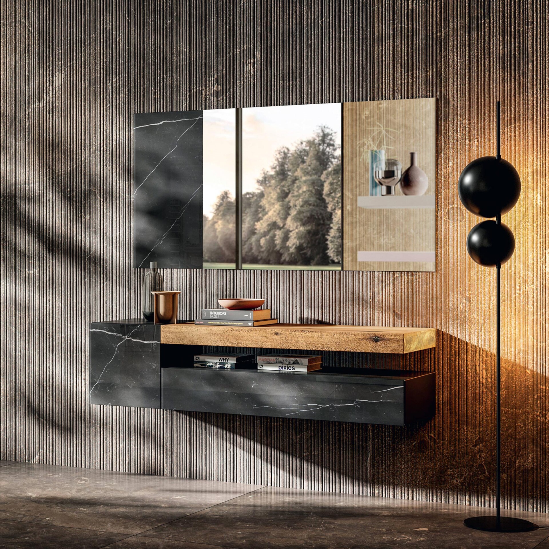 A modern living room with a wall-mounted media console made of dark marble and wood, a large multi-panel wall display, and a black spherical floor lamp against a textured dark wall.