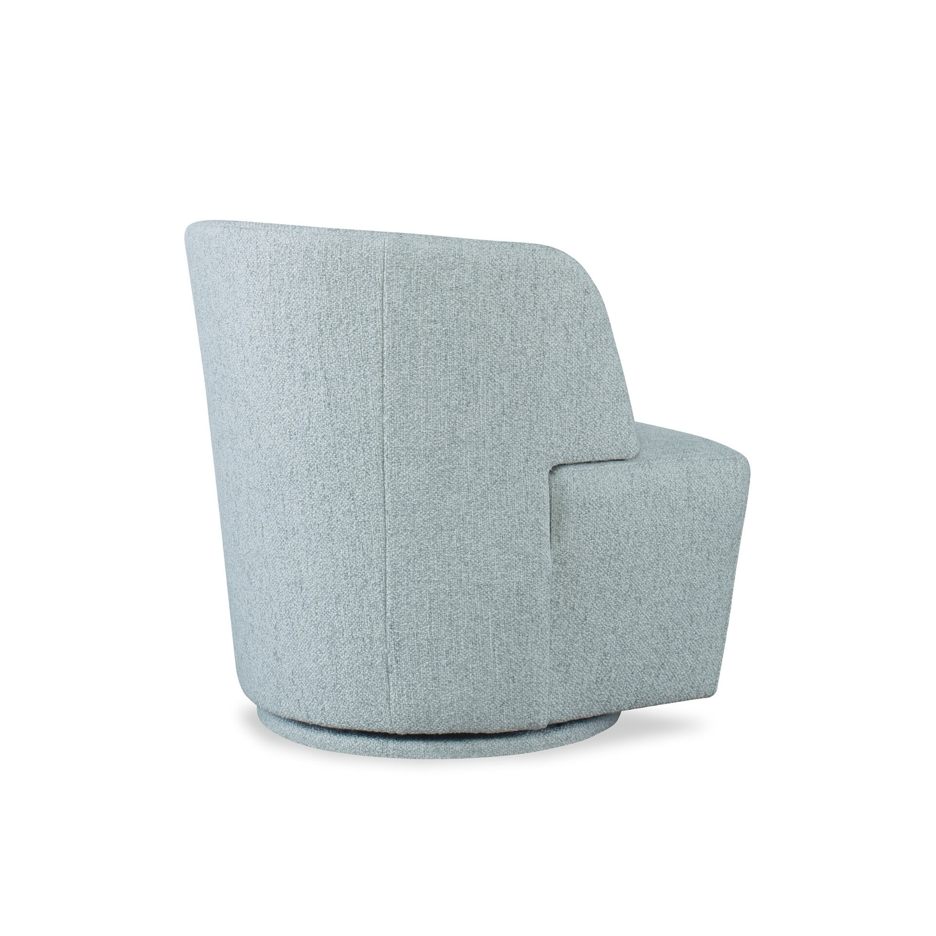 Comfortable light blue upholstered swivel chair with high back for stylish living room seating.