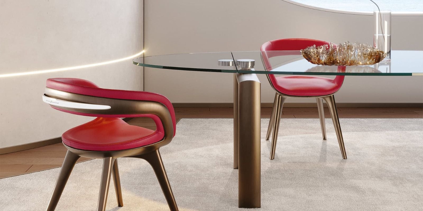 Modern dining area with red leather chairs, a glass table with a bronze base, and warm accent lighting. Nido Wood Dining Chair by Reflex