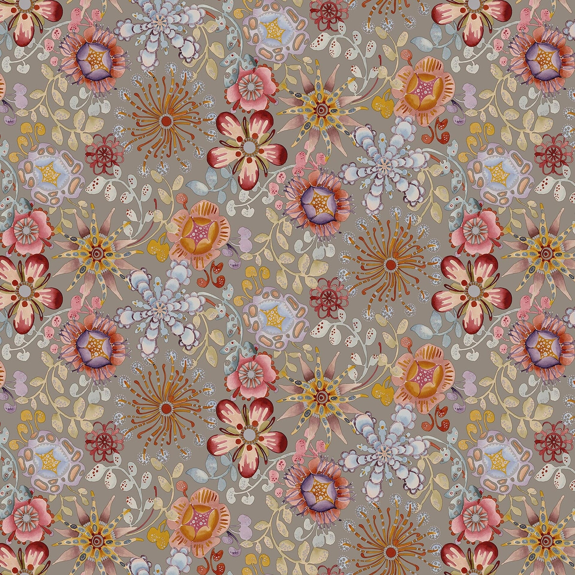 Seamless watercolor floral pattern featuring diverse stylized flowers and foliage in muted pinks, oranges, purples, blues, and yellows on a taupe background.