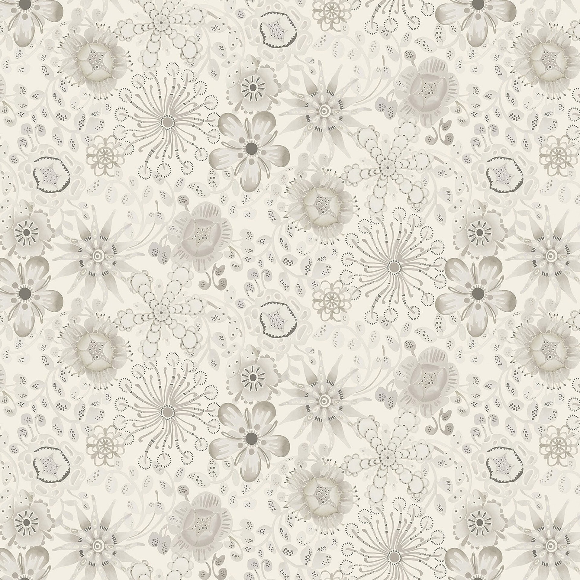 A seamless floral pattern in shades of cream, taupe, and gray, featuring various stylized flowers, leaves, and dotted botanical elements.