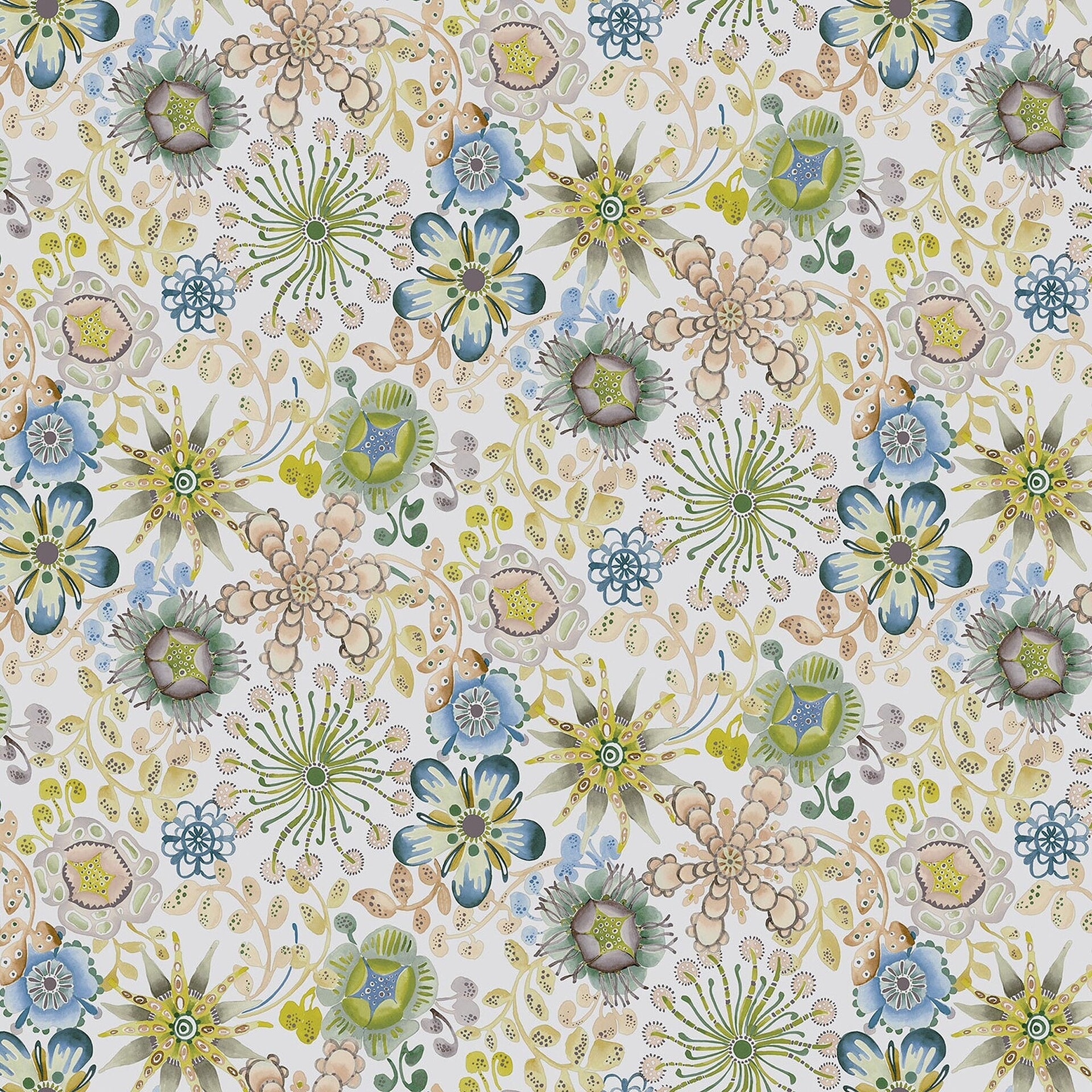 A seamless watercolor pattern of stylized flowers and botanical elements in muted greens, blues, yellows, and browns on a light background.