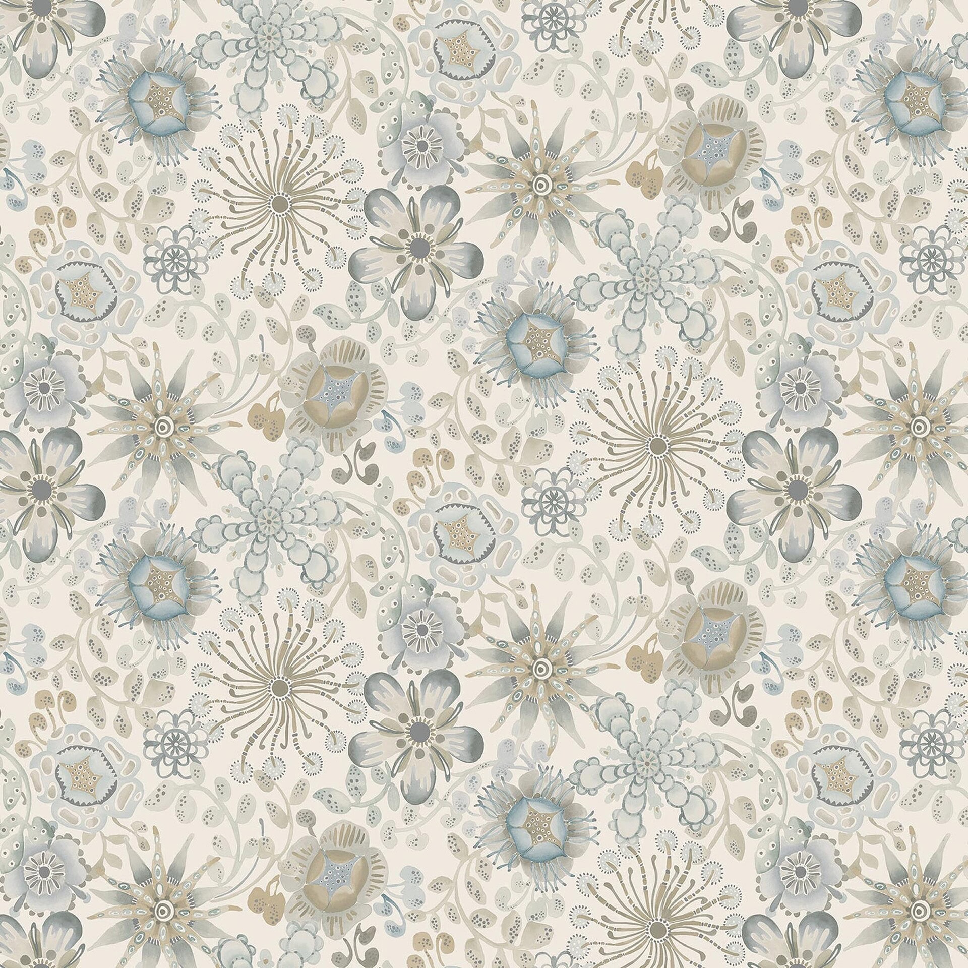 A seamless watercolor floral pattern featuring stylized flowers and leaves in muted blue, beige, and grey on a cream background. The design is organic and whimsical.