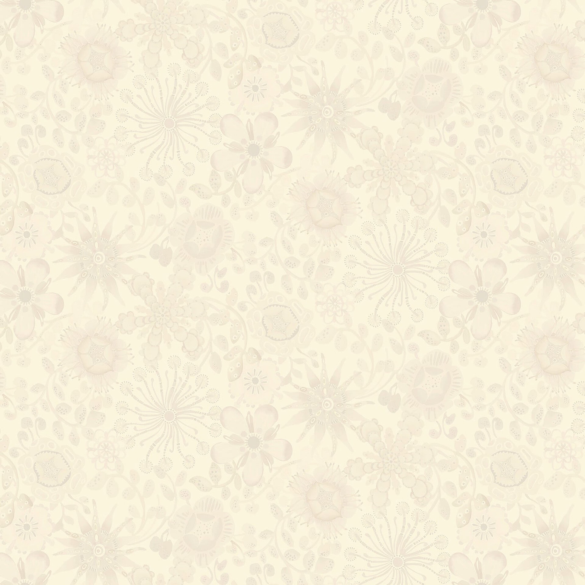 Seamless floral pattern in muted beige and cream tones. The design features various stylized flowers, leaves, and vines in a low-contrast, tone-on-tone style.