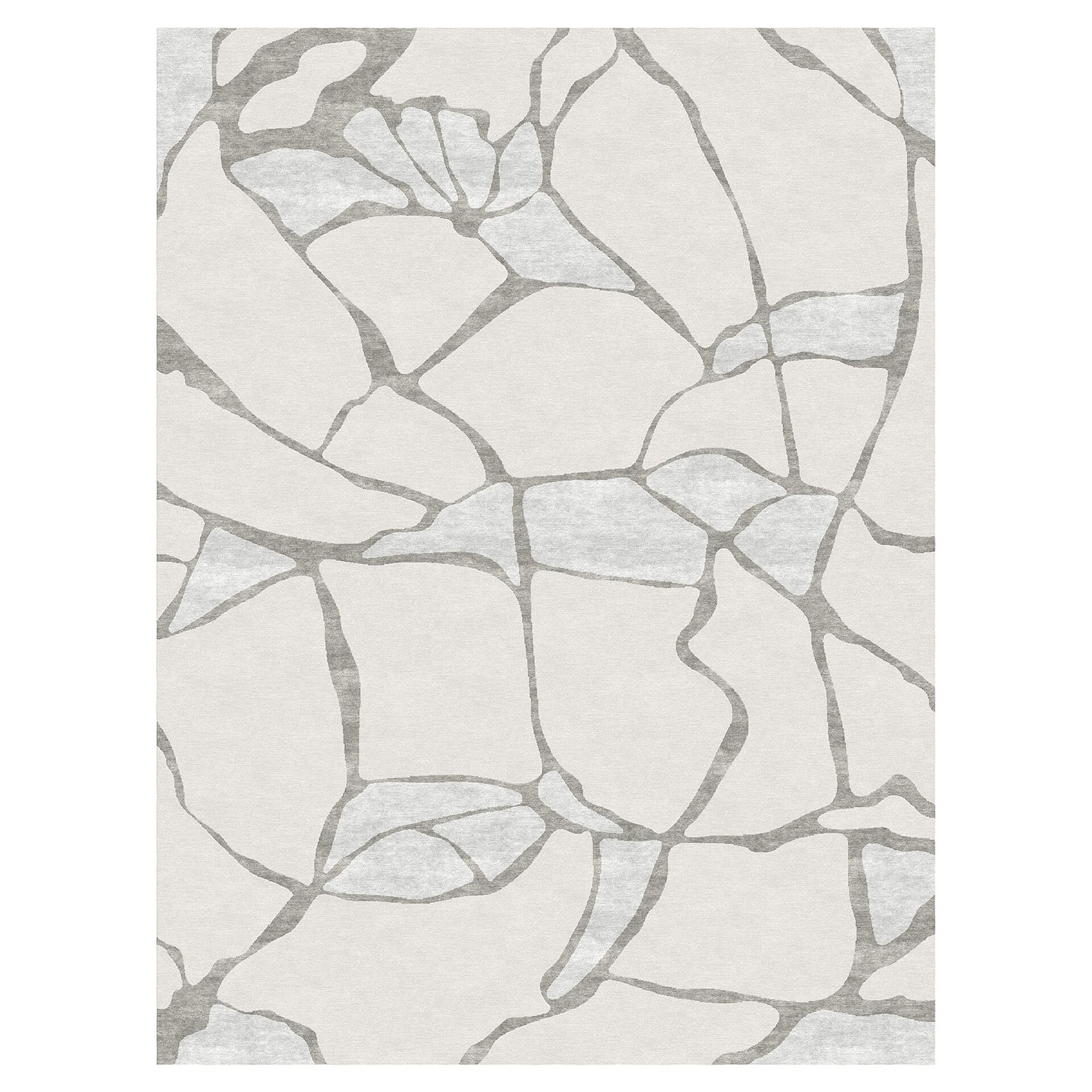 A rectangular area rug with an abstract pattern of thick, irregular gray lines on a light off-white background, resembling cracked ice or organic veins.