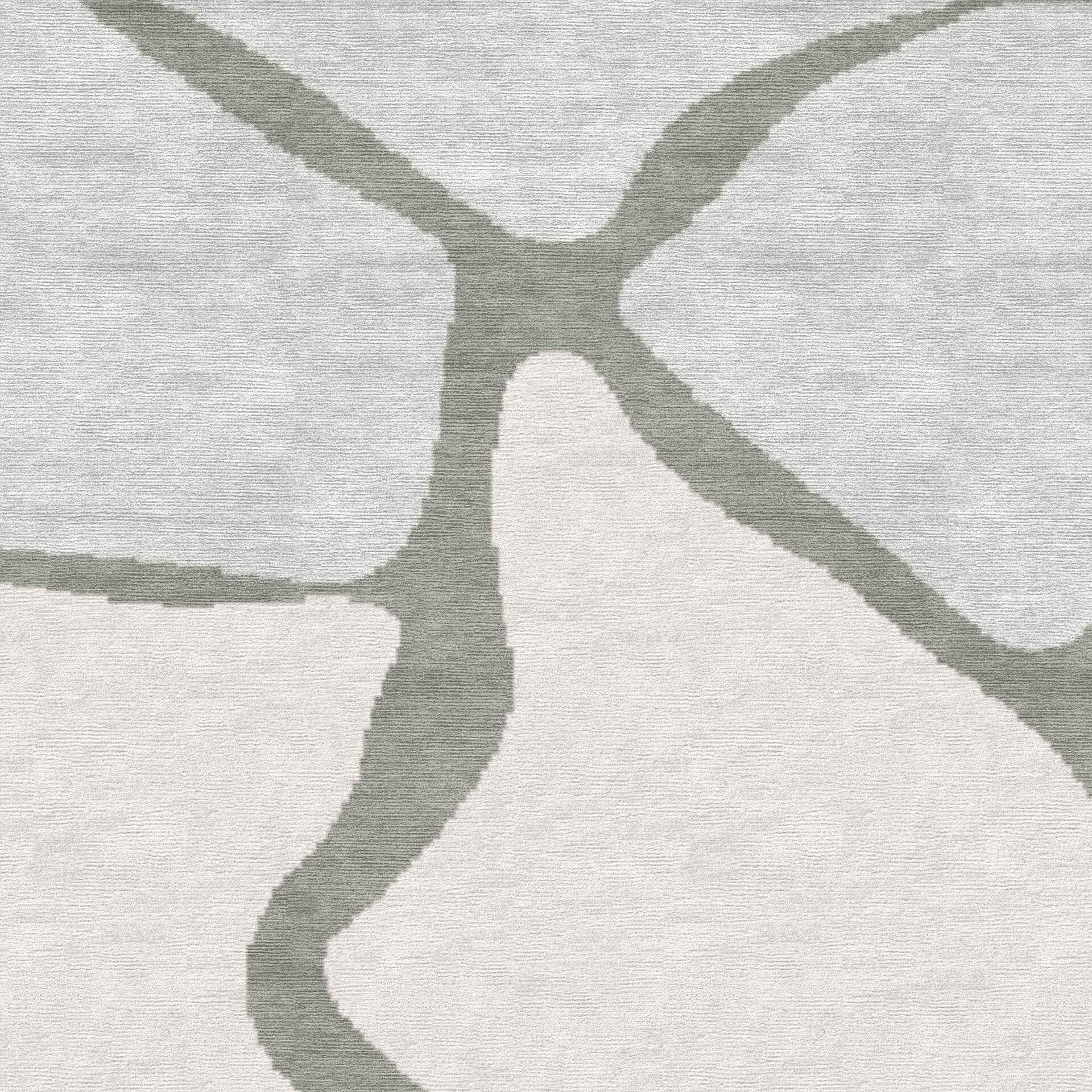 Abstract rug pattern with thick, irregular sage green lines on a light grey textured background, forming organic, branching shapes.