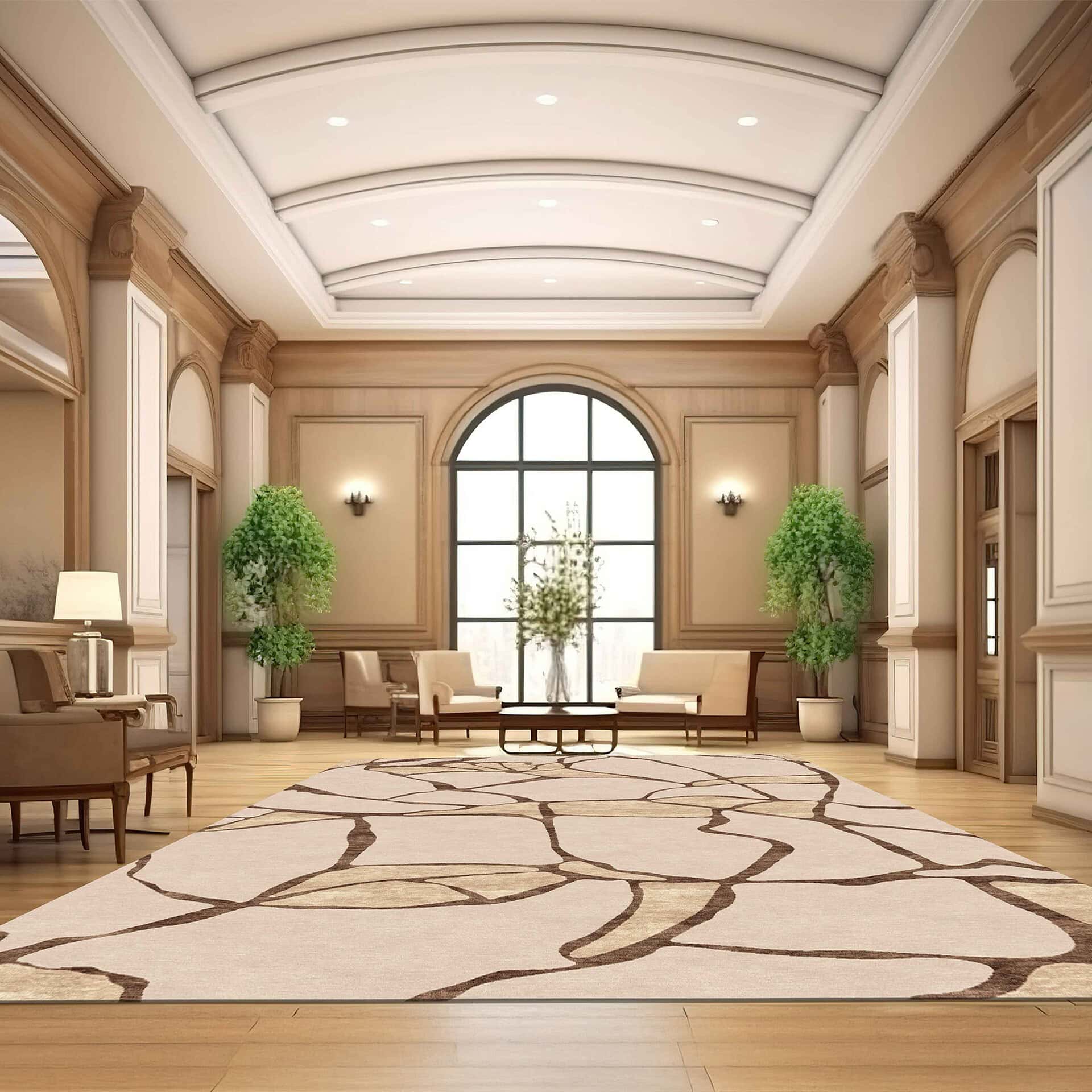 A light blue and grey abstract area rug with an organic, cracked-ice pattern on a wooden floor in a modern room with a window and a grey stool.