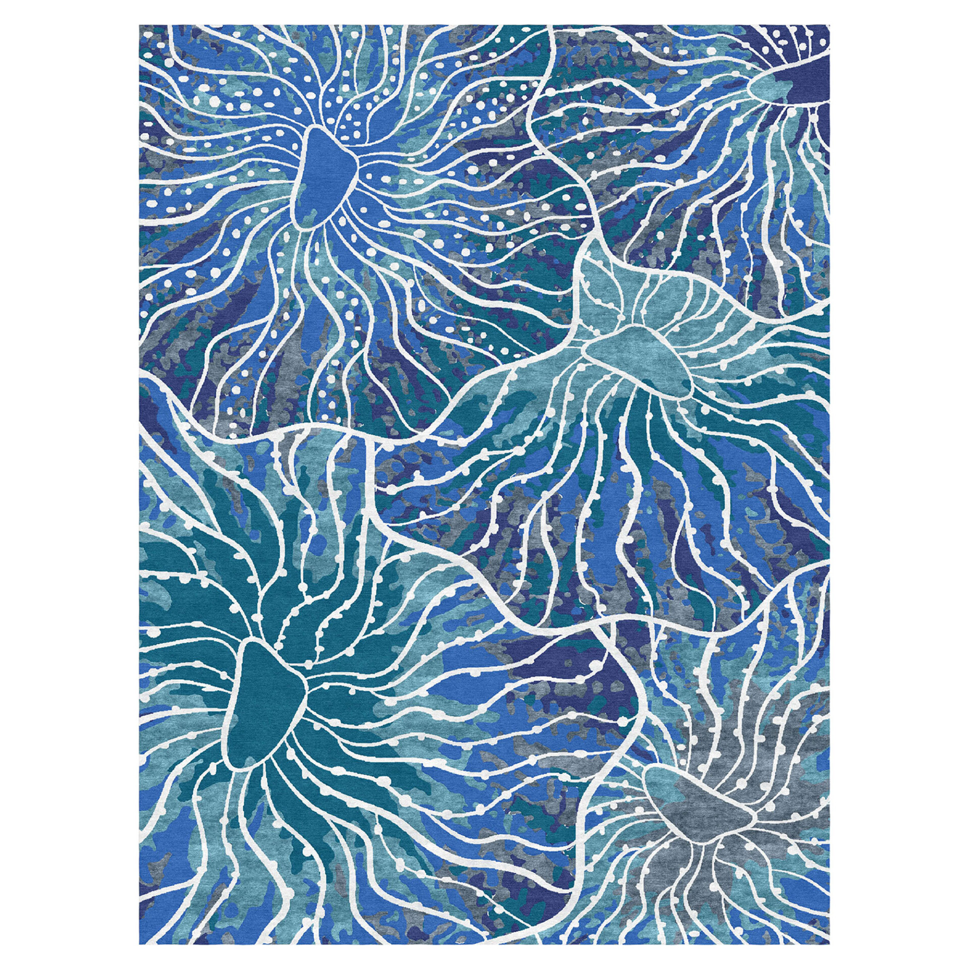 An abstract textile pattern featuring wavy white lines and dots on a mottled background of various blues, teals, and grays, resembling organic forms or underwater coral.
